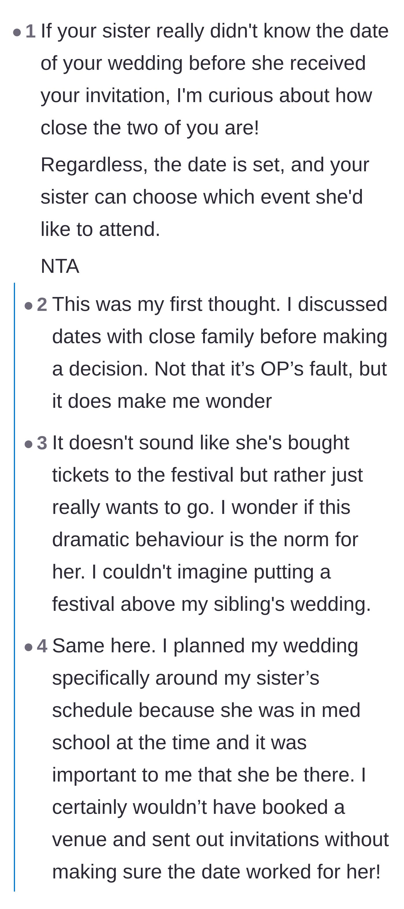 Comment thread 6 - A debate about whether the bride was wrong for not checking her immediate family's availability before booking.