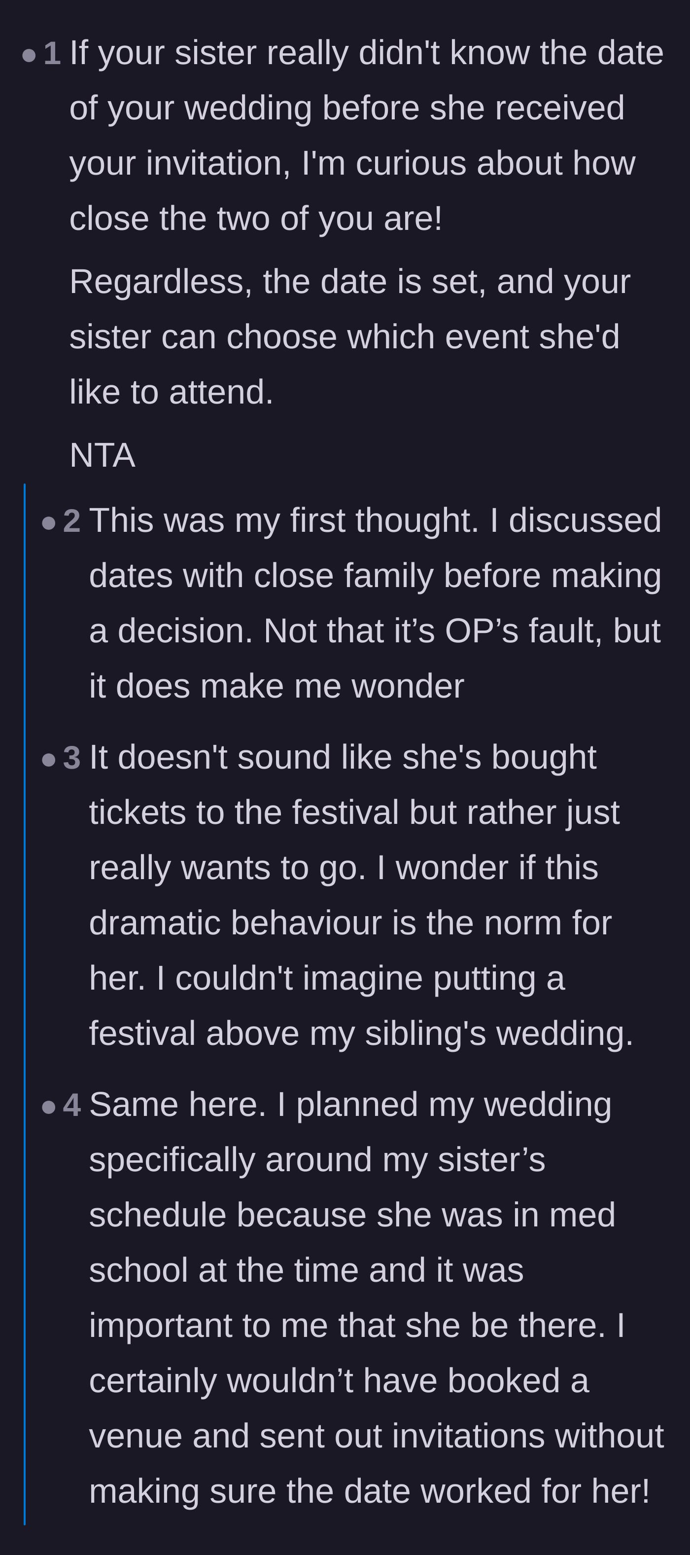 Comment thread 6 - A debate about whether the bride was wrong for not checking her immediate family's availability before booking.