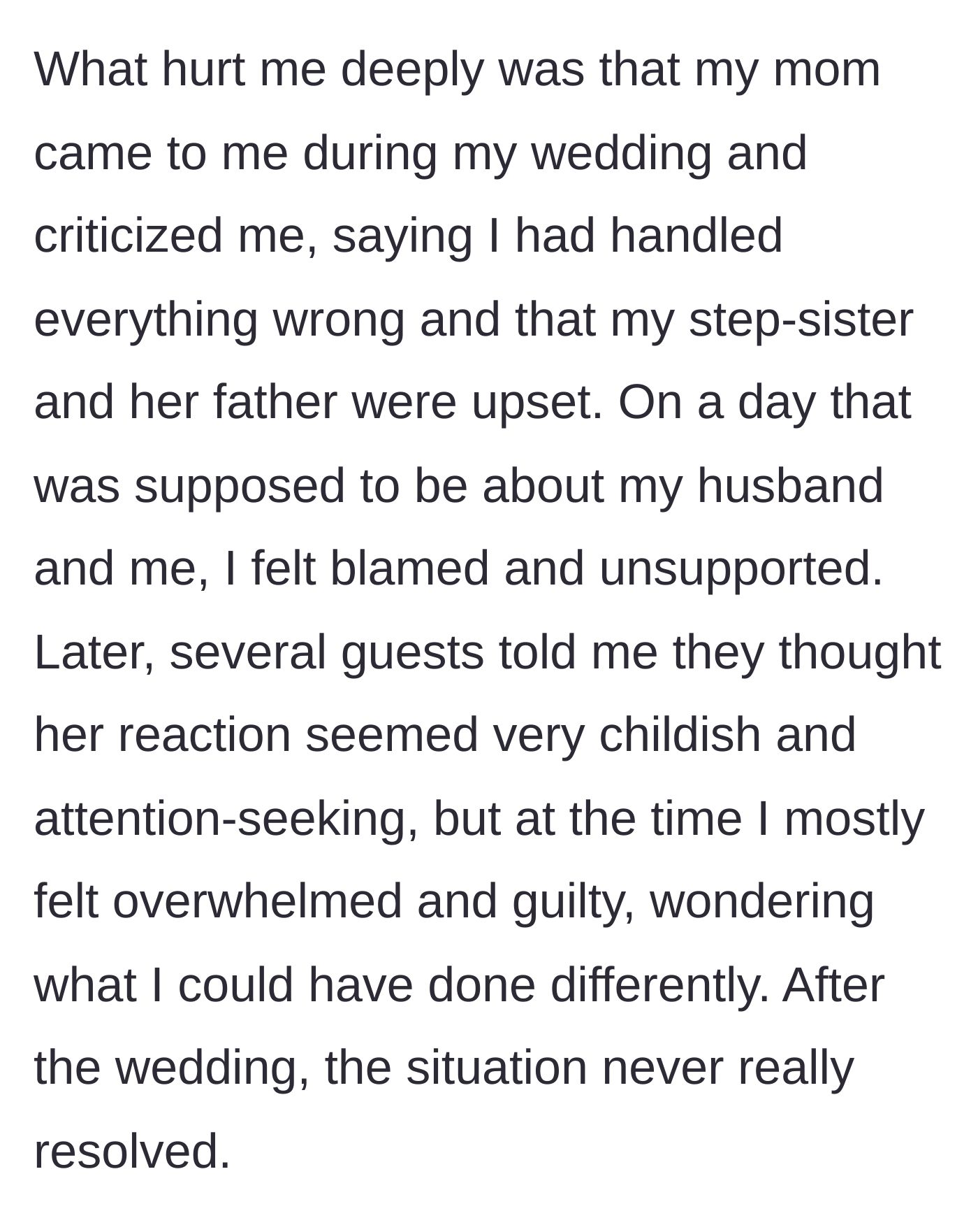 Story part 4 - The bride's mother confronting and blaming her at the reception, while other guests whisper about the step-sister's childish behavior.