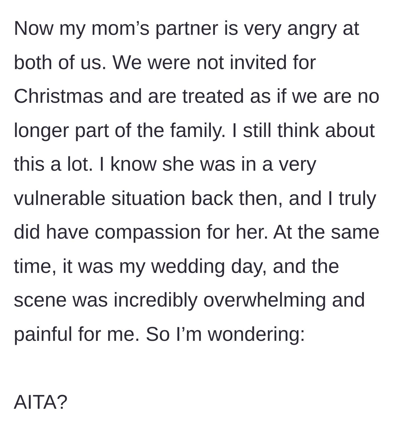 Story part 6 - The bride and her husband being excluded from the family Christmas celebration as punishment by the angry step-dad.