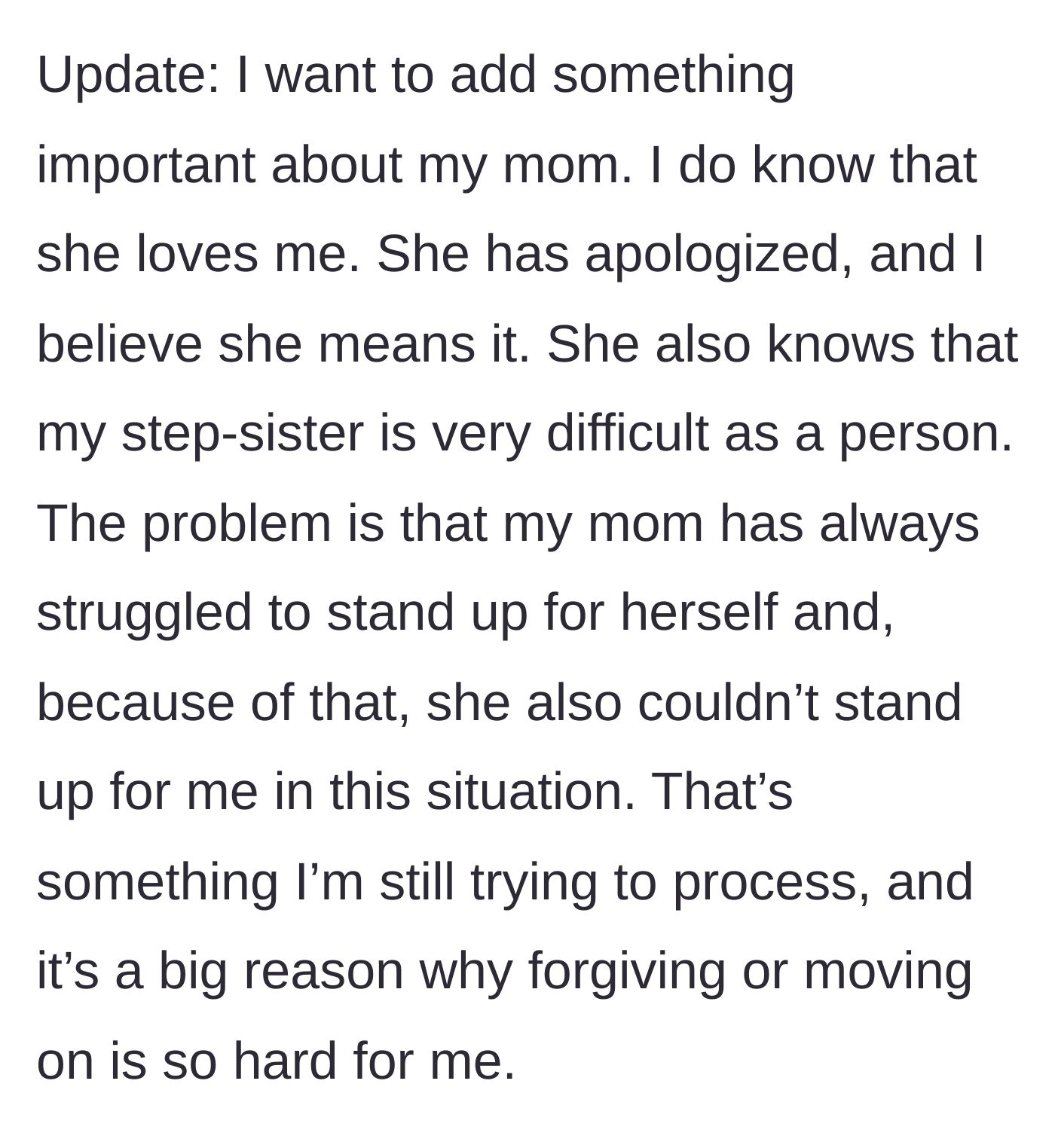 Story part 7 - The bride reflecting on her mother's apology and recognizing her mother's lifelong inability to stand up to her partner or protect her daughter.