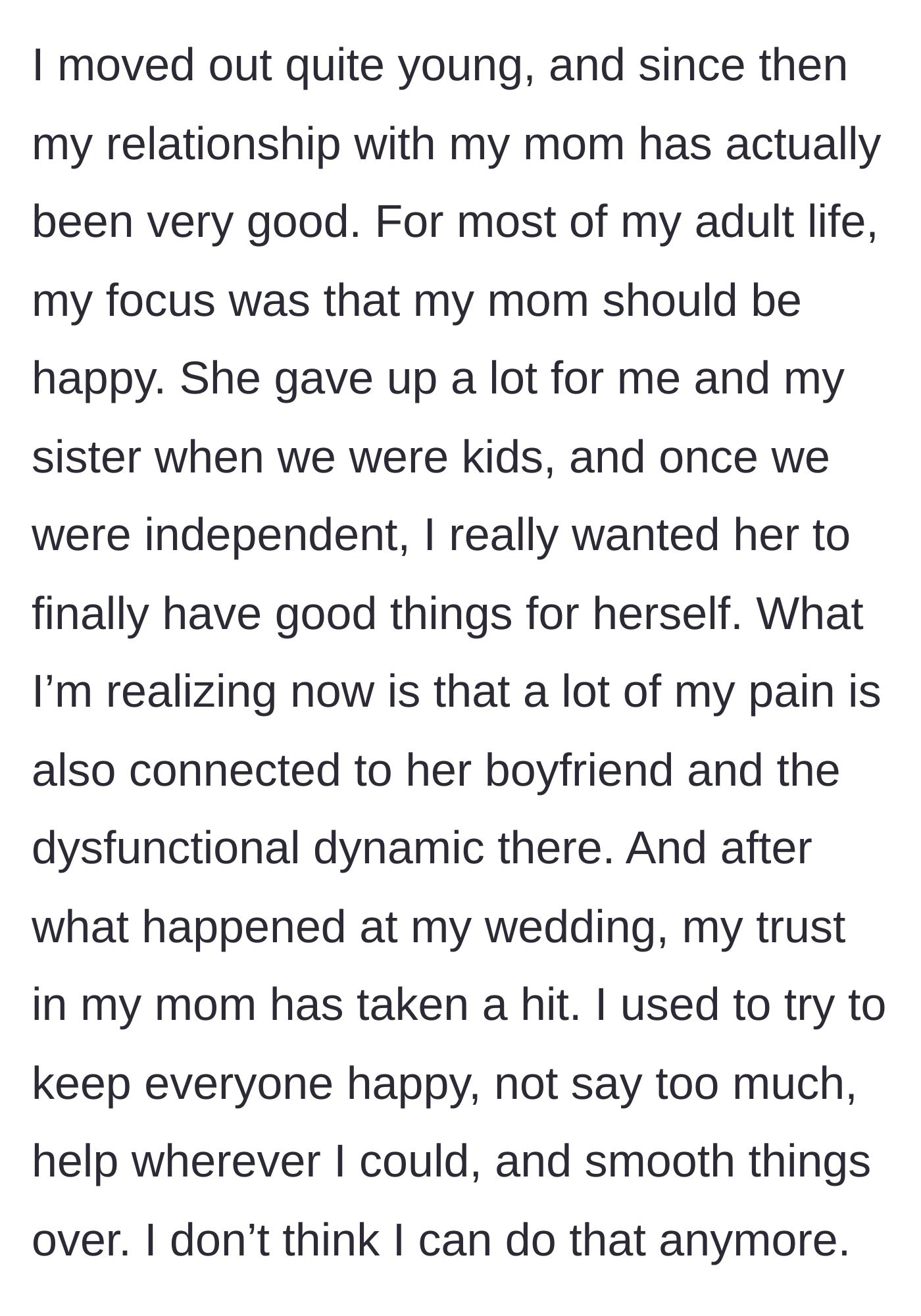 Story part 8 - The bride deciding she can no longer be the family peacekeeper, realizing the deep dysfunction tied to her mother's boyfriend.