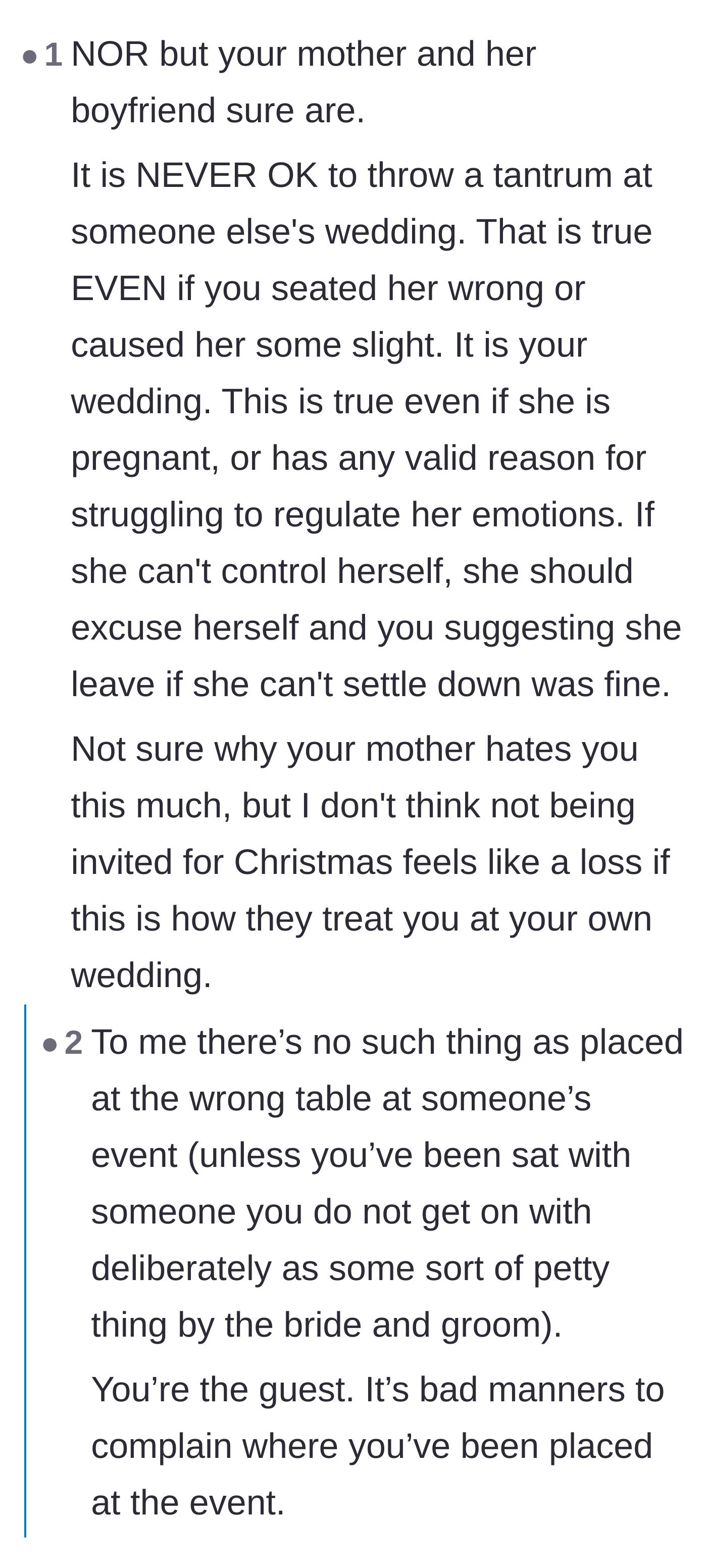 Comment thread 1 - Debating wedding guest etiquette and how an adult should gracefully handle an unpleasant seating arrangement.