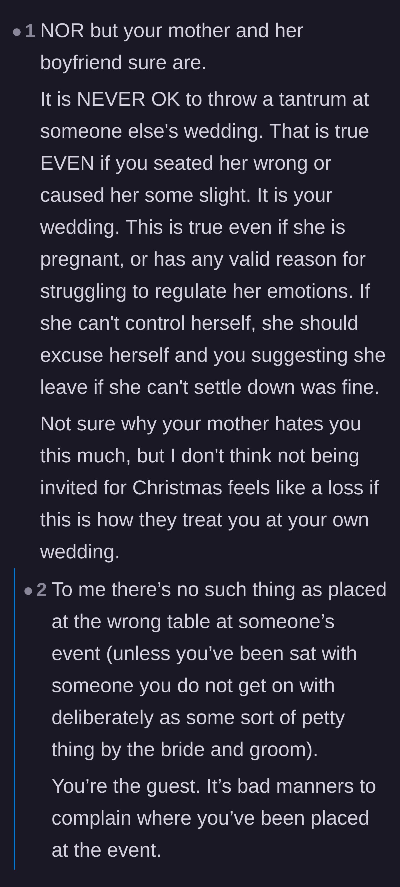 Comment thread 1 - Debating wedding guest etiquette and how an adult should gracefully handle an unpleasant seating arrangement.