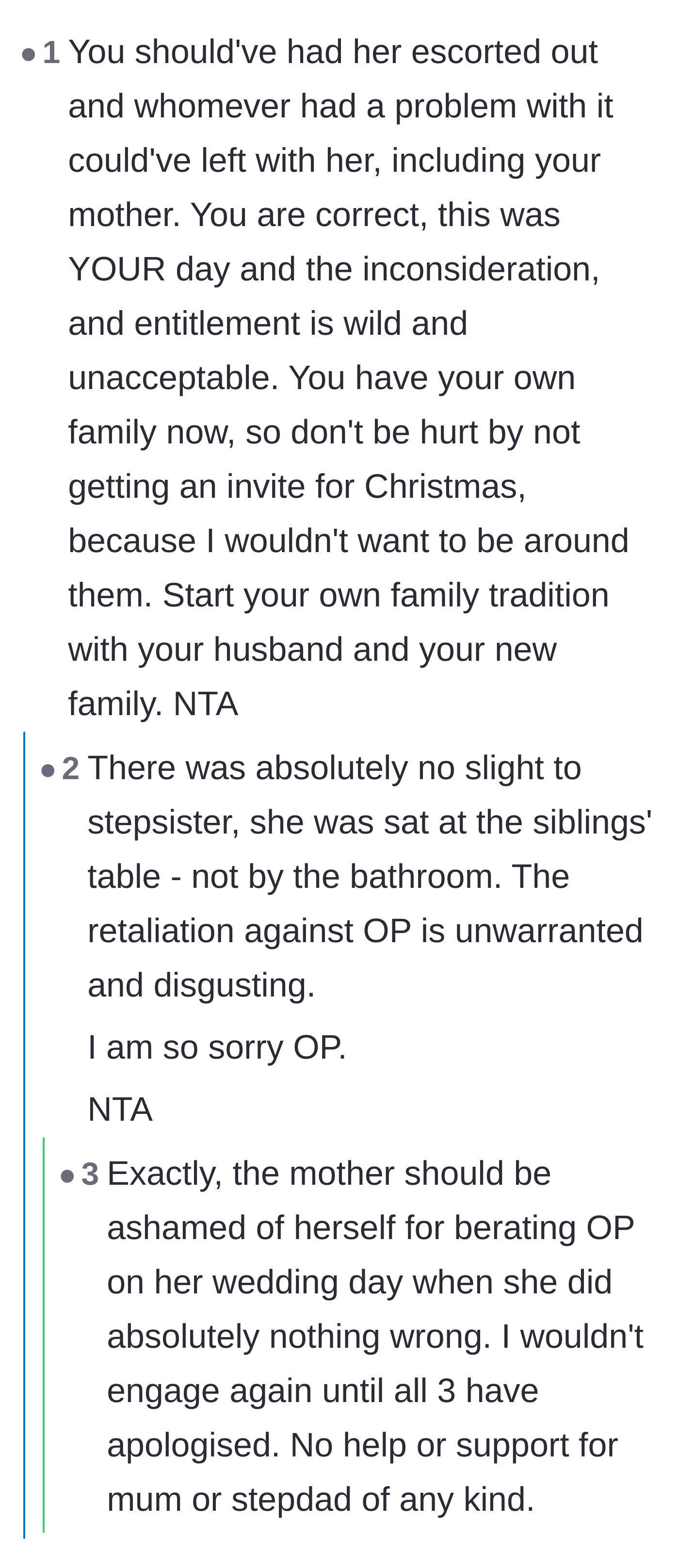 Comment thread 4 - Advice urging the bride to kick out the disruptors and embrace being excluded from toxic family holidays.