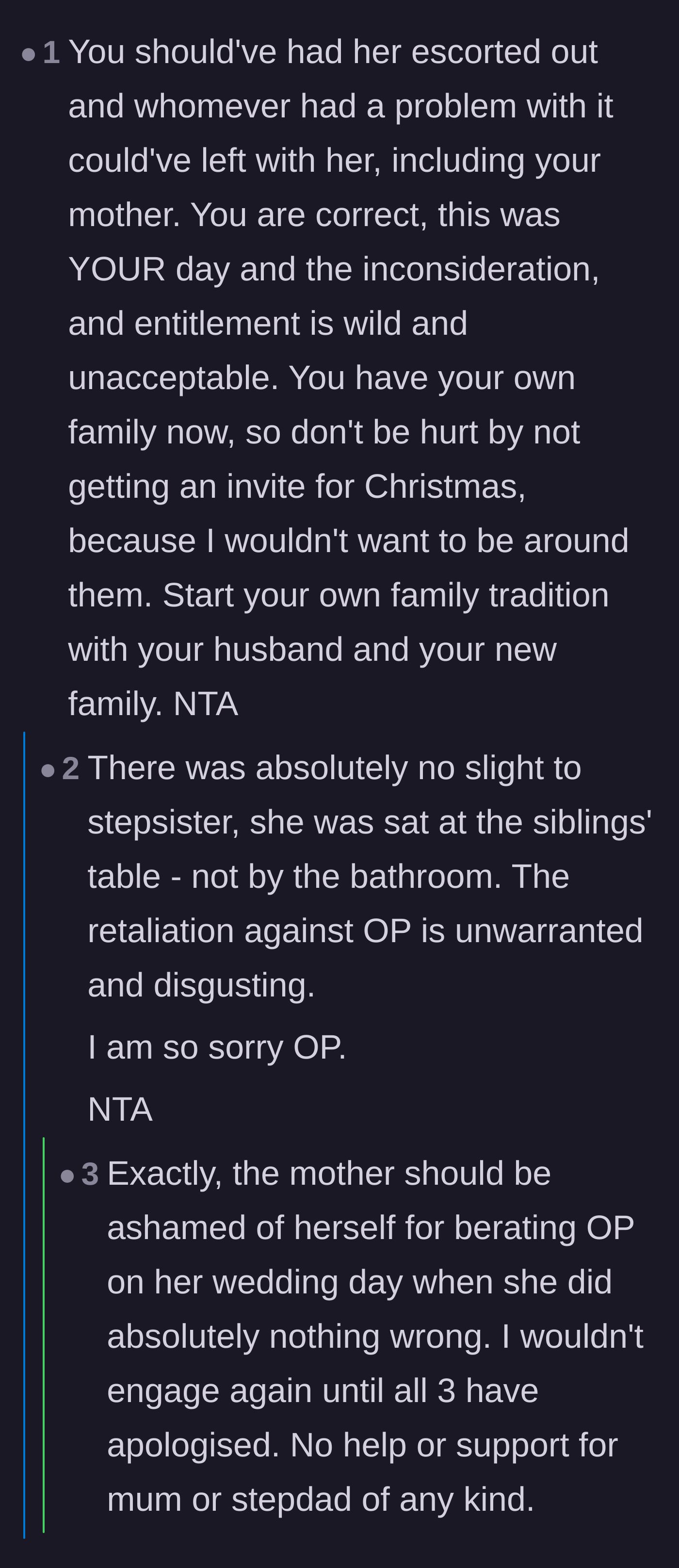 Comment thread 4 - Advice urging the bride to kick out the disruptors and embrace being excluded from toxic family holidays.