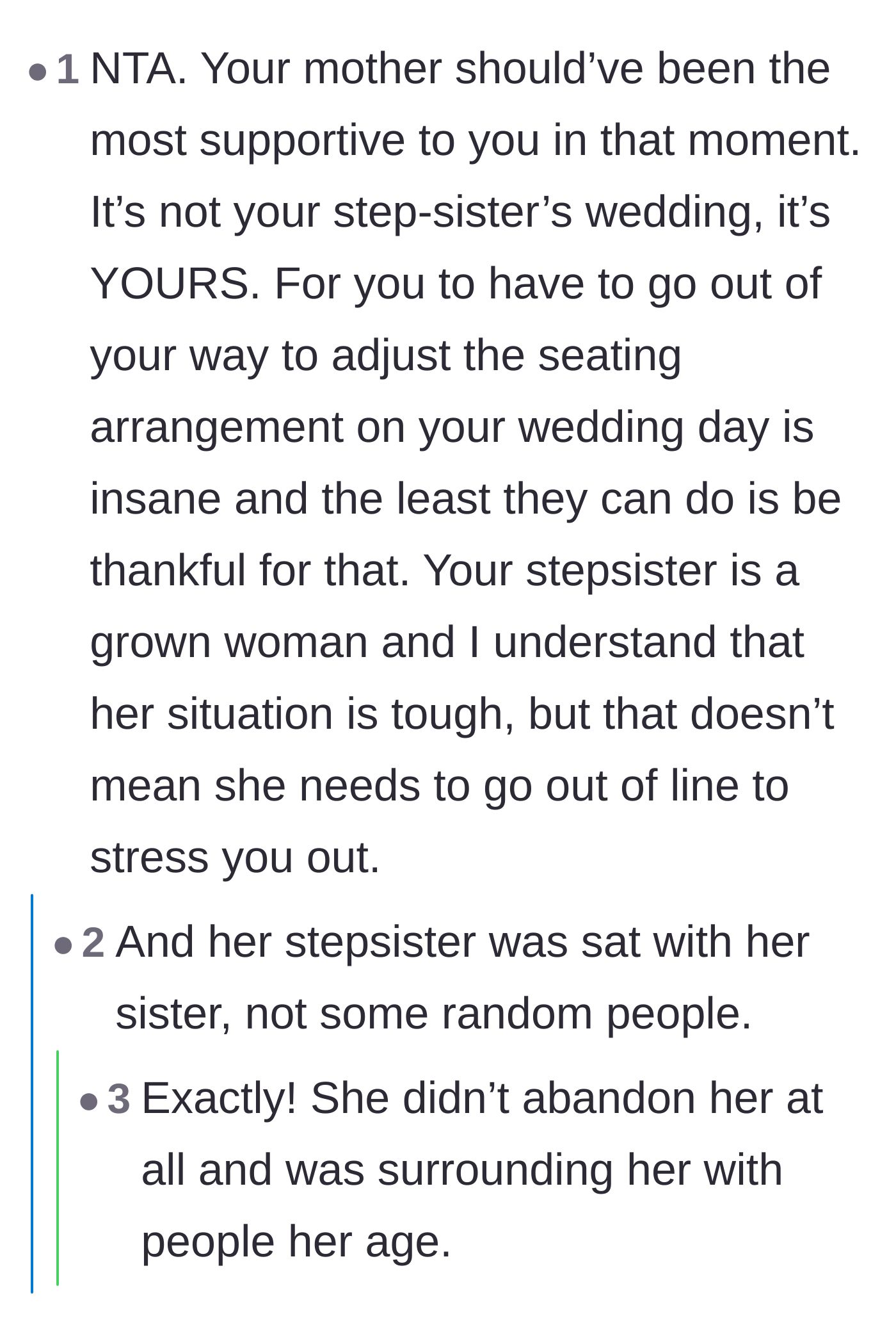 Comment thread 5 - Emphasizing that the bride went out of her way to be accommodating and the mother failed her duty to support her.