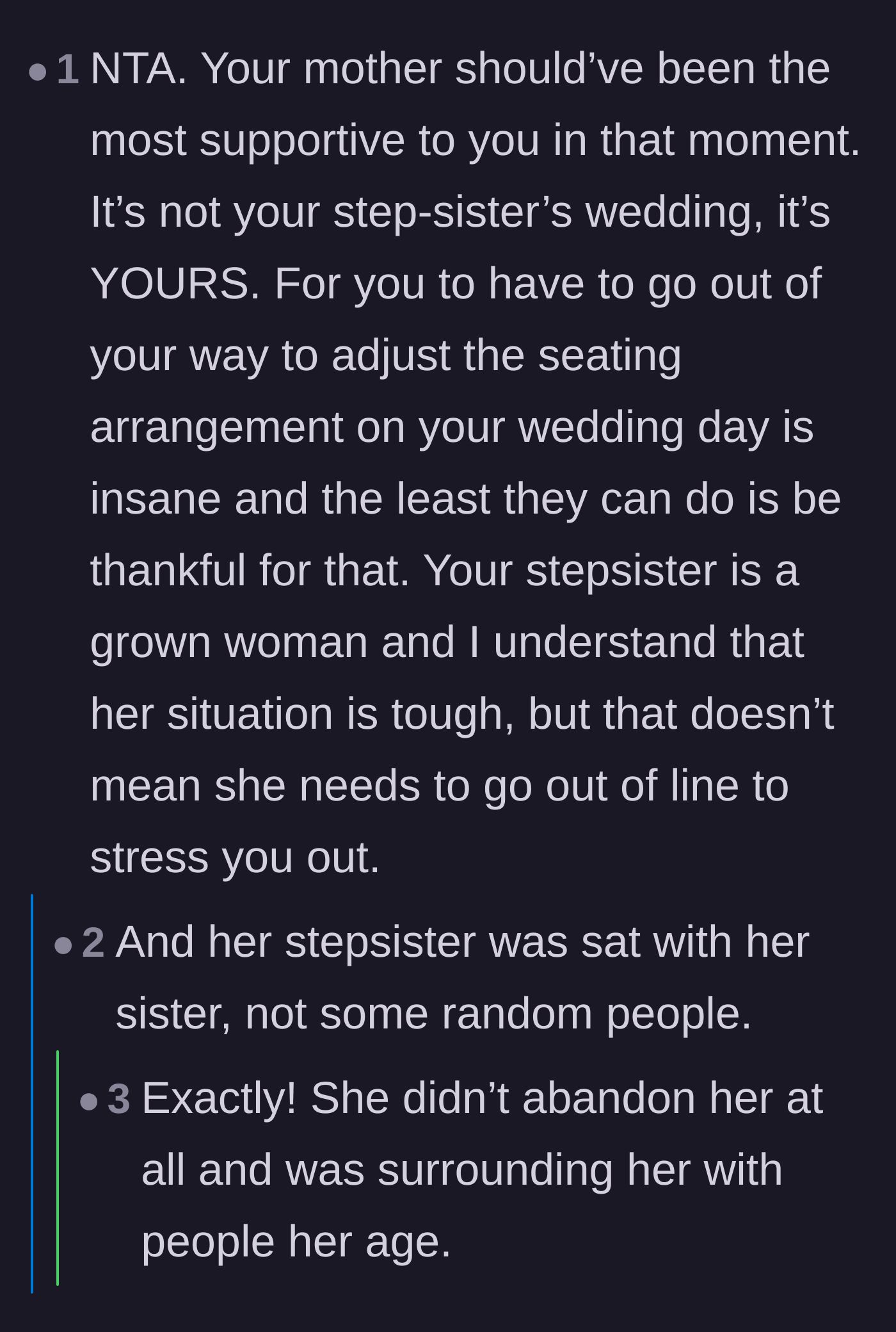 Comment thread 5 - Emphasizing that the bride went out of her way to be accommodating and the mother failed her duty to support her.
