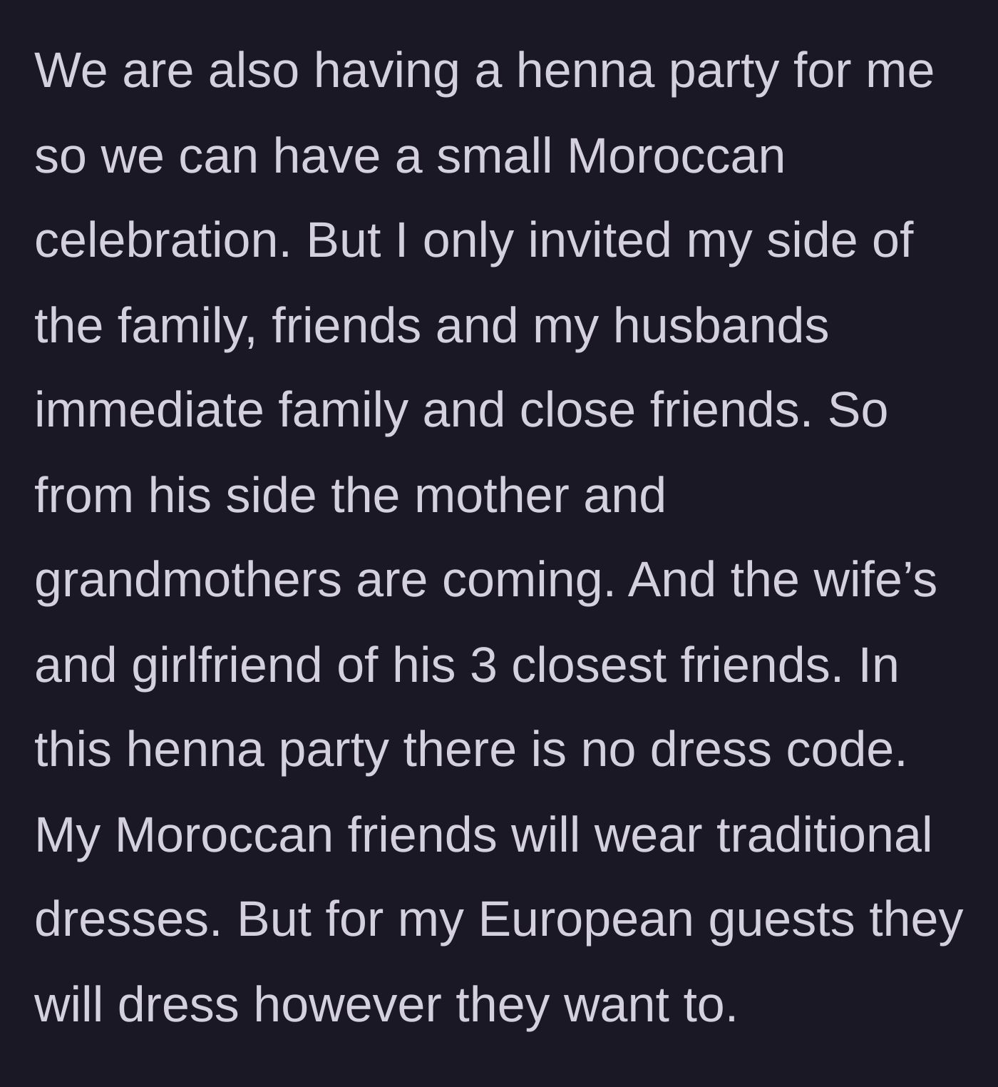 Story part 2 - Bride details the guest list for her intimate henna party, noting it is reserved strictly for immediate family and her closest friends.
