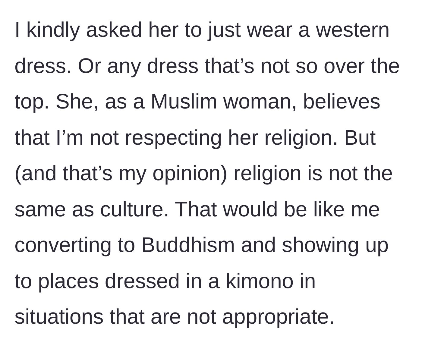 Story part 4 - The guest accuses the bride of religious intolerance, prompting the bride to point out that the dress is a cultural garment, not a religious one.