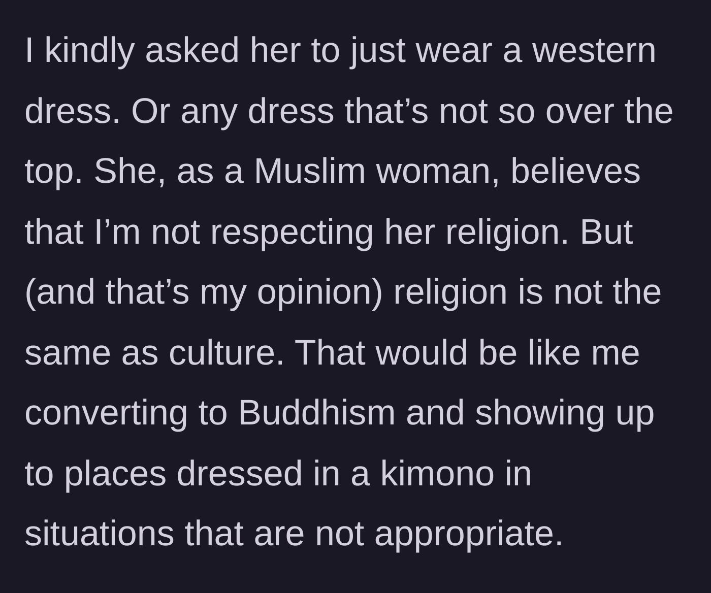 Story part 4 - The guest accuses the bride of religious intolerance, prompting the bride to point out that the dress is a cultural garment, not a religious one.