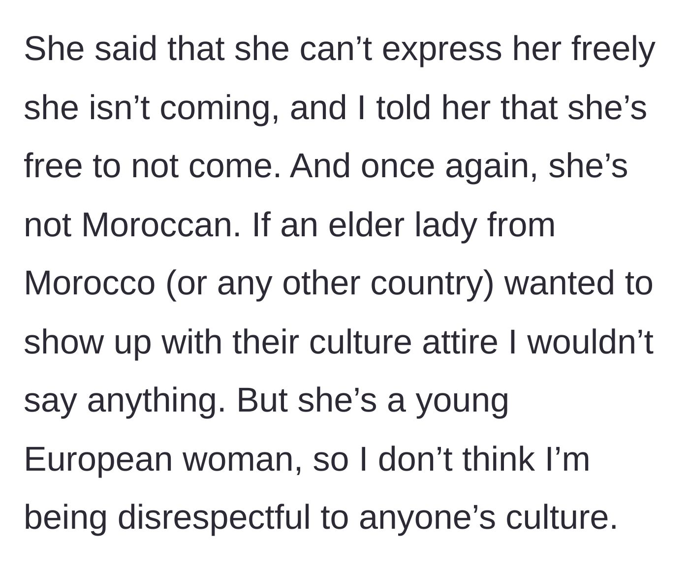 Story part 6 - The guest threatens not to attend unless she can wear the dress, and the bride calmly accepts her refusal to attend, pointing out the guest's performative behavior.