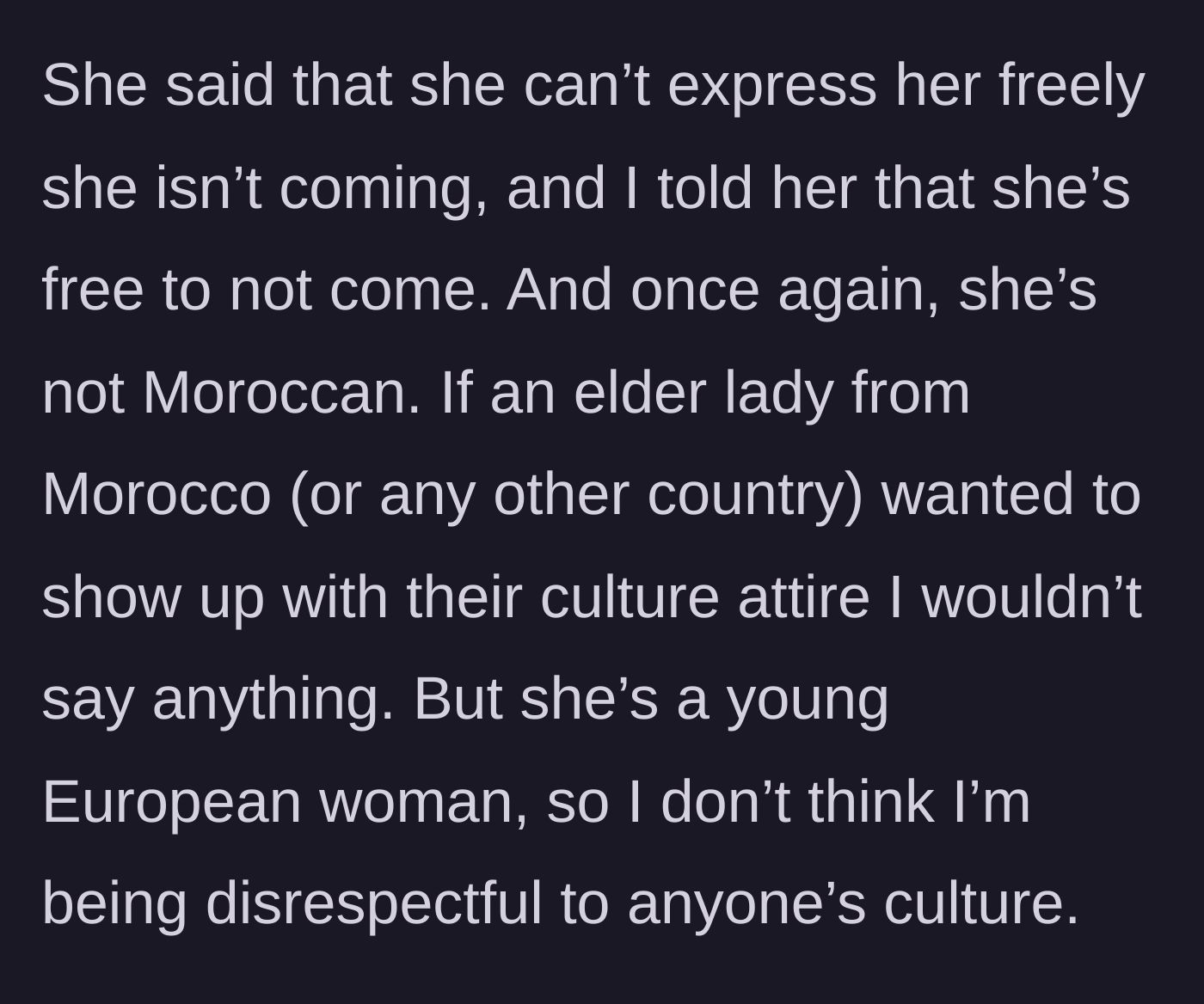 Story part 6 - The guest threatens not to attend unless she can wear the dress, and the bride calmly accepts her refusal to attend, pointing out the guest's performative behavior.