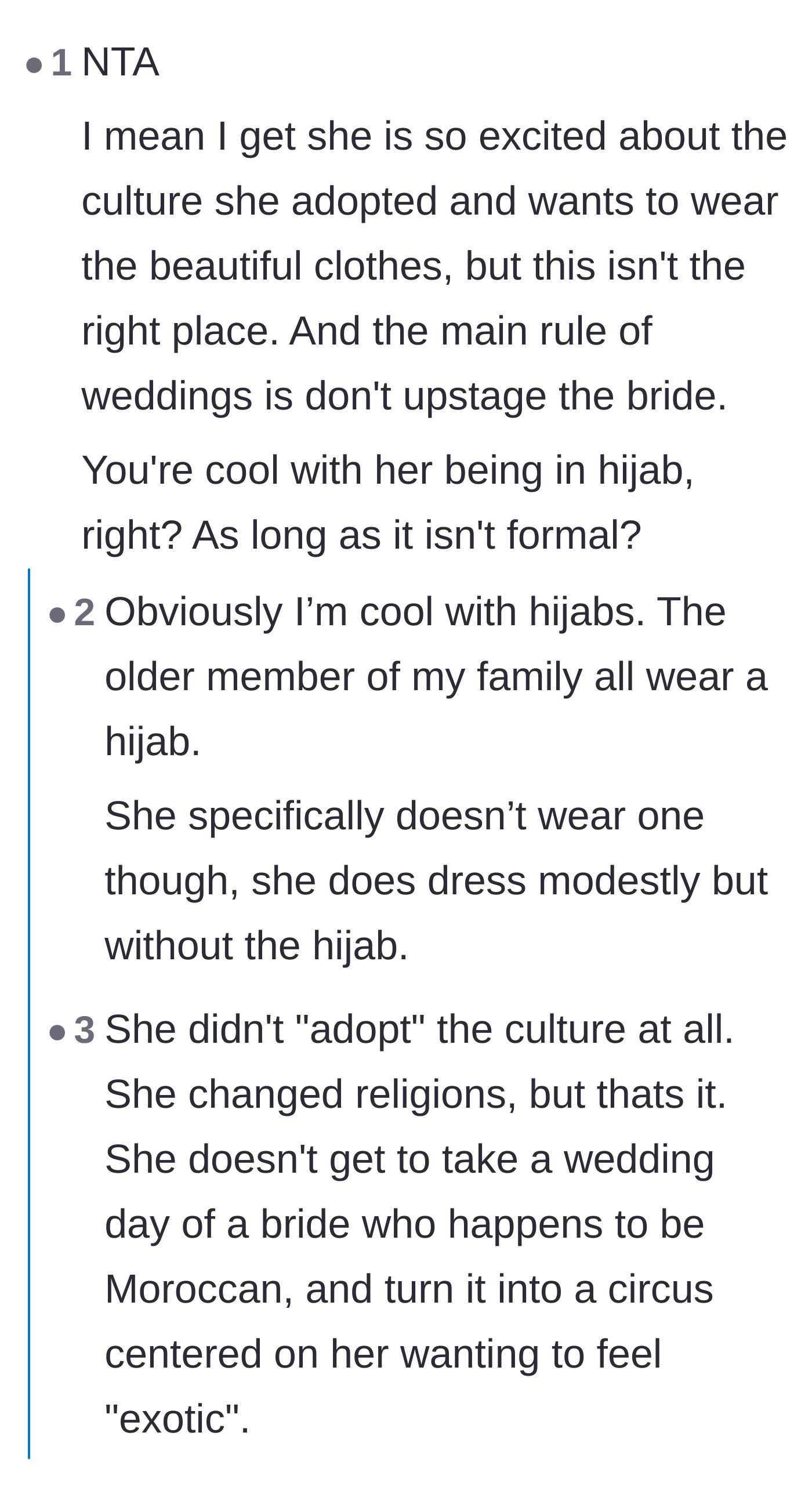 Comment thread 4 - The shocking revelation from the bride that the guest doesn't even wear a hijab in daily life, proving her religious argument is entirely performative.