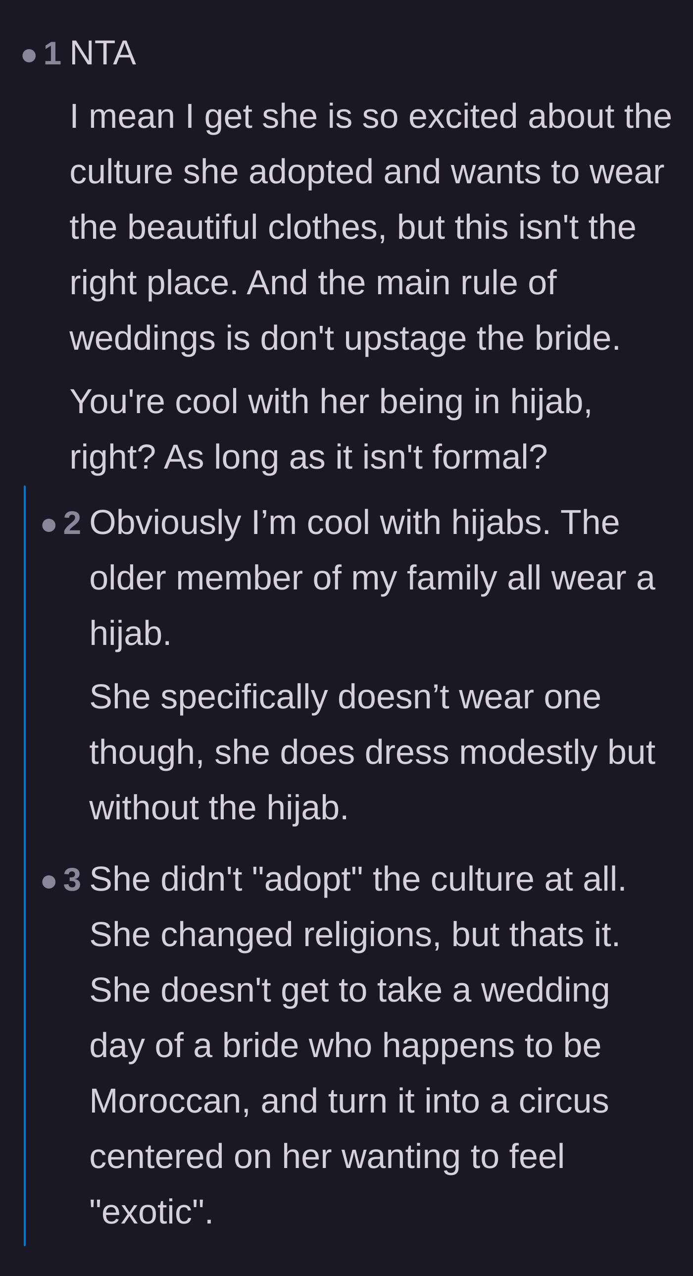 Comment thread 4 - The shocking revelation from the bride that the guest doesn't even wear a hijab in daily life, proving her religious argument is entirely performative.