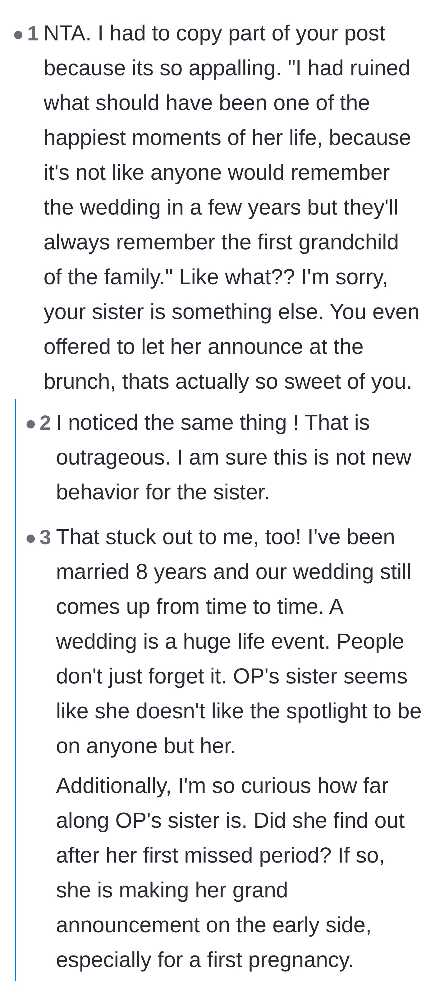 Comment thread 4 - Readers expressing sheer outrage over the sister claiming no one will remember the wedding.