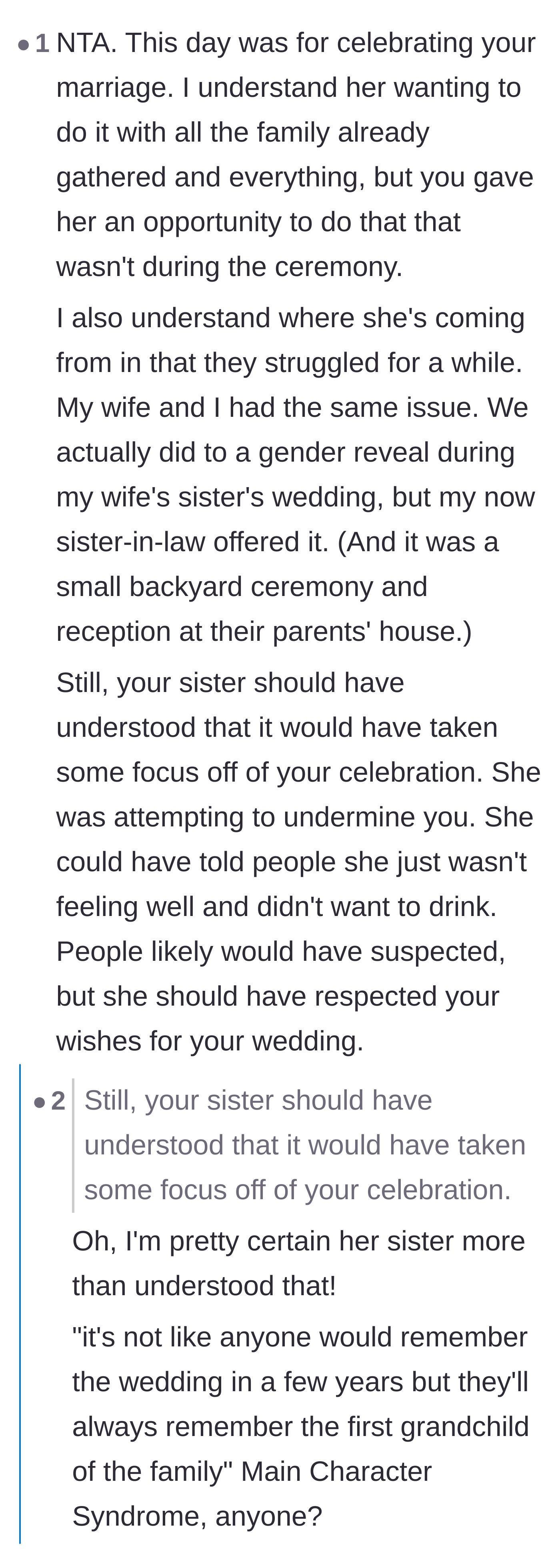 Comment thread 5 - Discussion about the sister's blatant Main Character Syndrome and intentional sabotage.