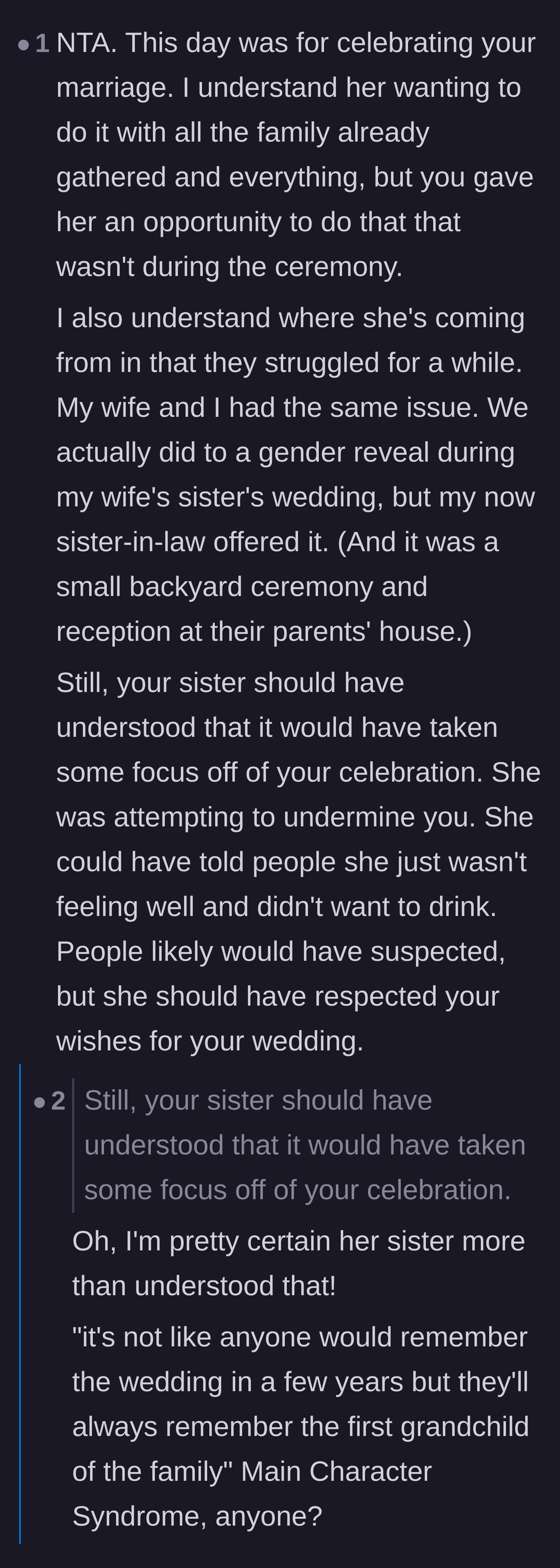 Comment thread 5 - Discussion about the sister's blatant Main Character Syndrome and intentional sabotage.