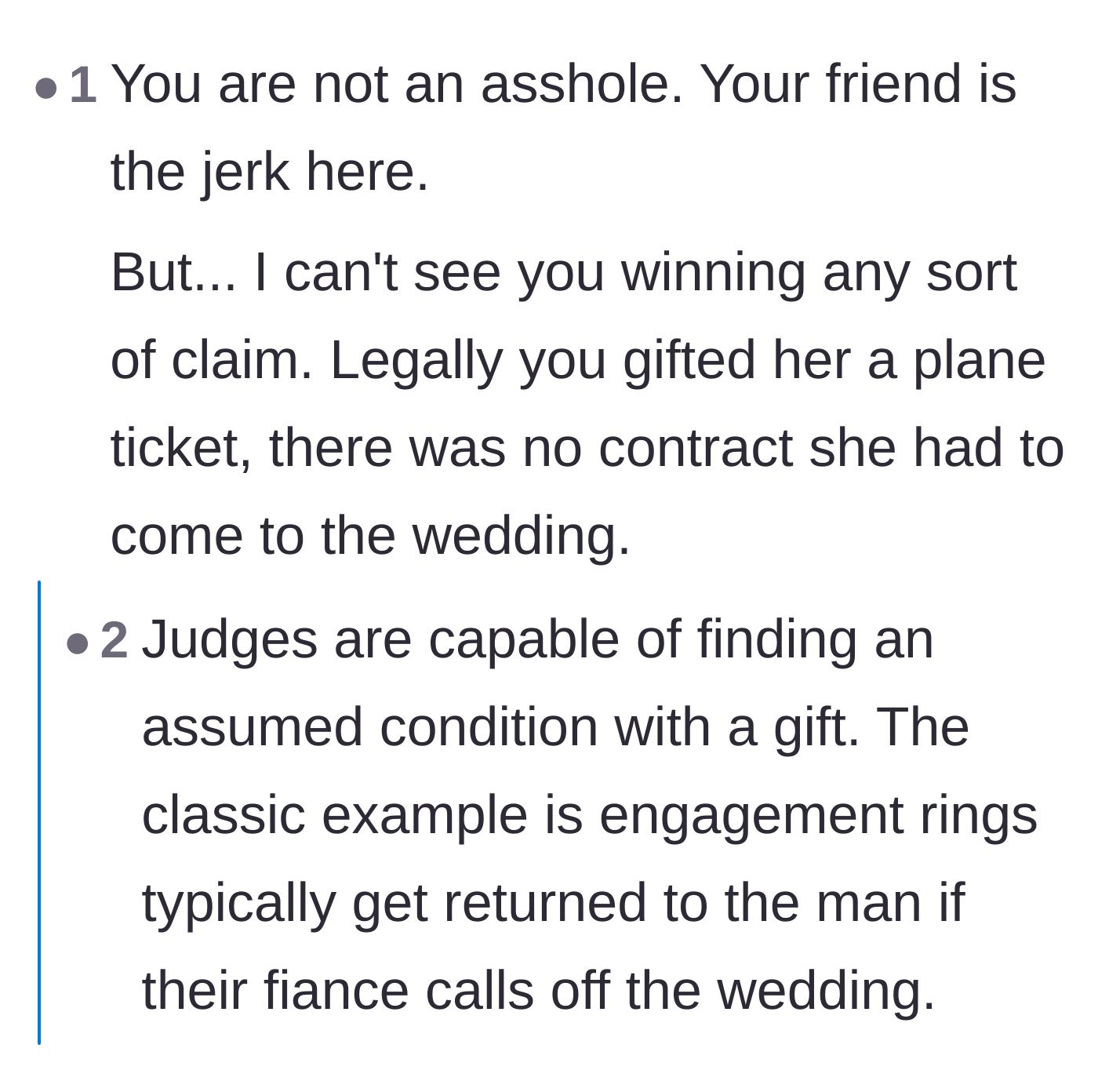 Comment thread 2 - Users discussing how small claims court judges interpret conditional gifts and oral contracts.