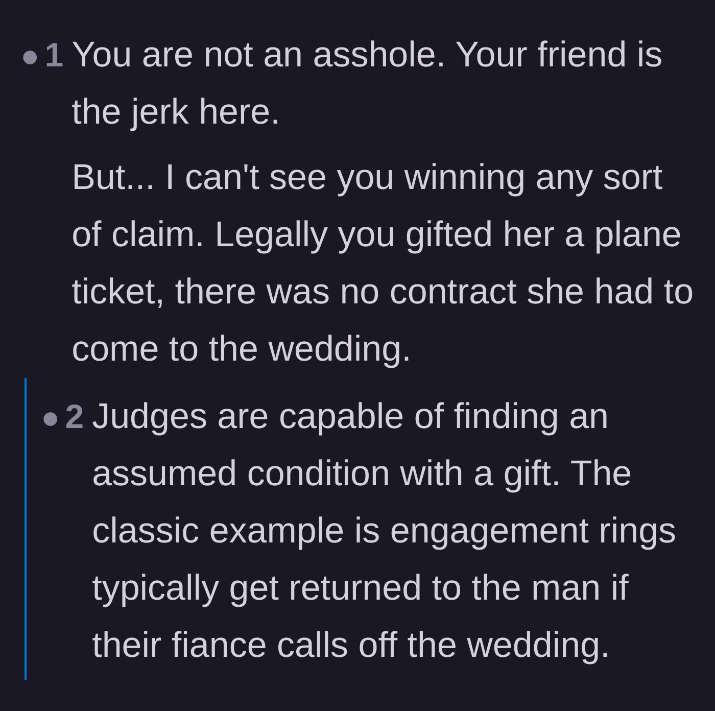Comment thread 2 - Users discussing how small claims court judges interpret conditional gifts and oral contracts.