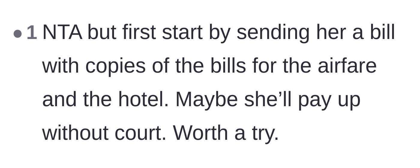 Comment thread 3 - Advice suggesting the bride send an itemized bill to the friend before taking formal legal action.