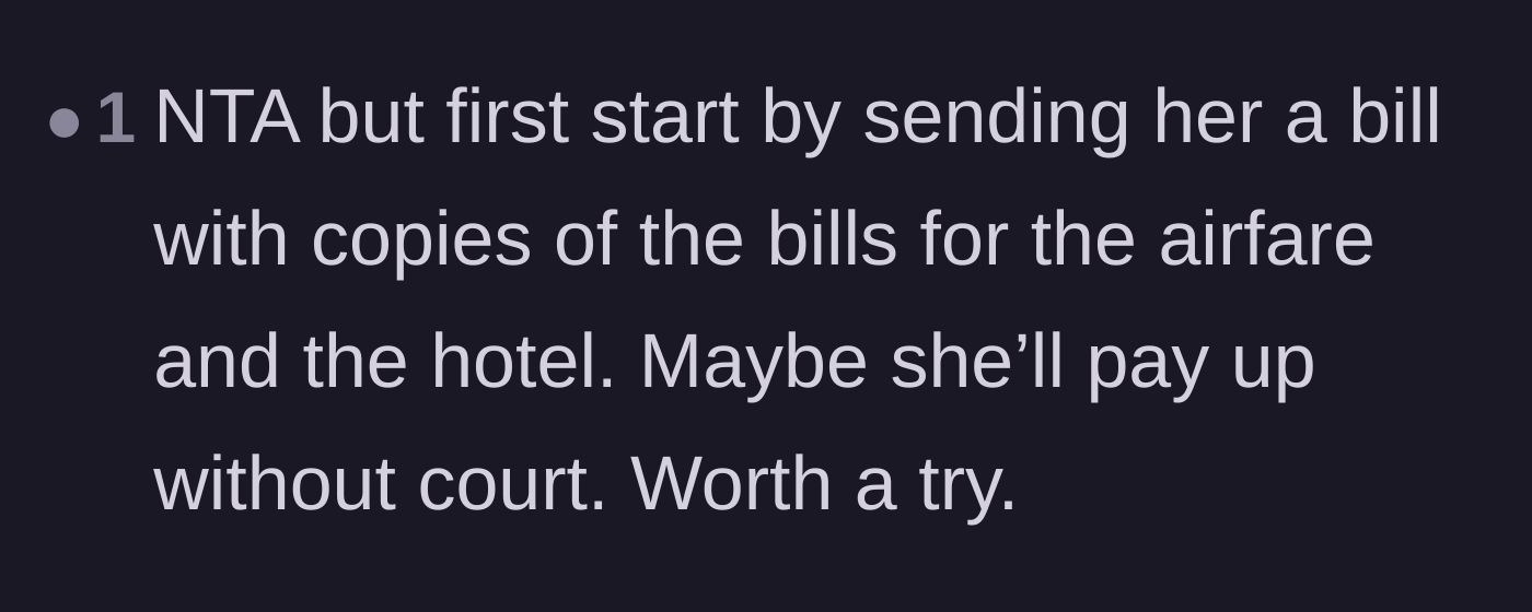 Comment thread 3 - Advice suggesting the bride send an itemized bill to the friend before taking formal legal action.