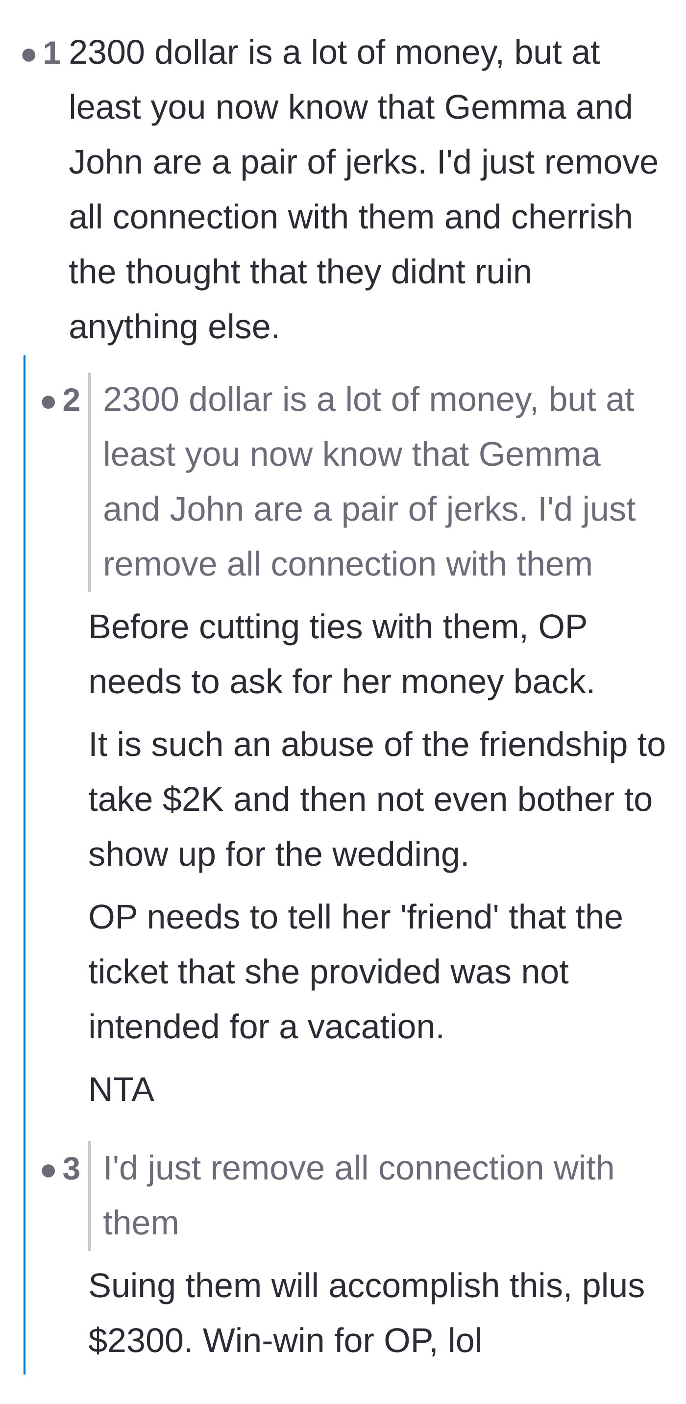 Comment thread 5 - A discussion on whether the financial loss is worth the clarity of losing a deeply toxic friend.