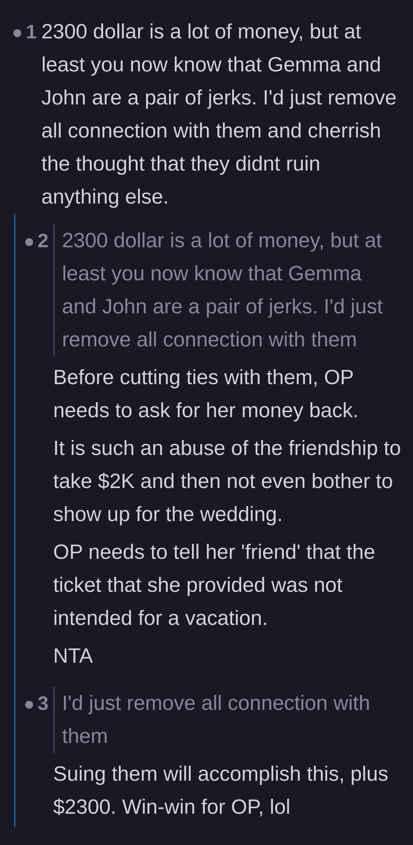 Comment thread 5 - A discussion on whether the financial loss is worth the clarity of losing a deeply toxic friend.