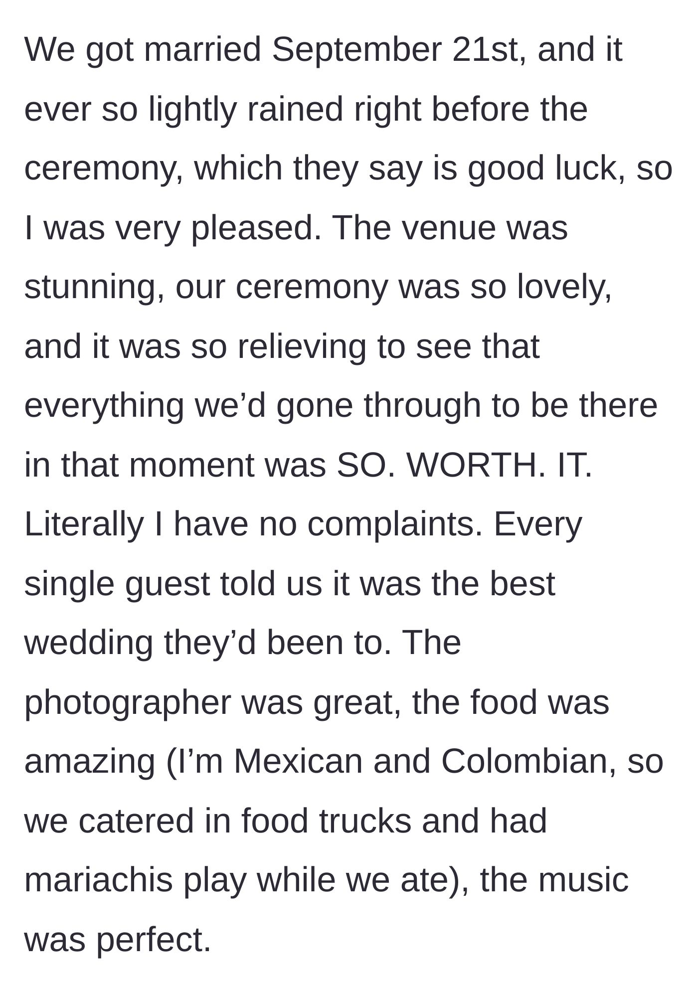 Story part 5 - A perfectly executed, slightly rainy wedding day complete with food trucks and mariachis.