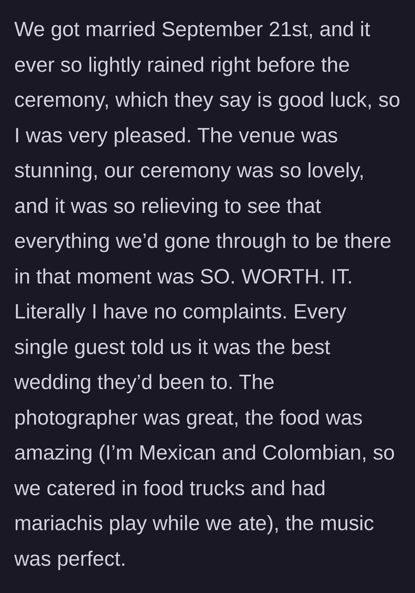 Story part 5 - A perfectly executed, slightly rainy wedding day complete with food trucks and mariachis.