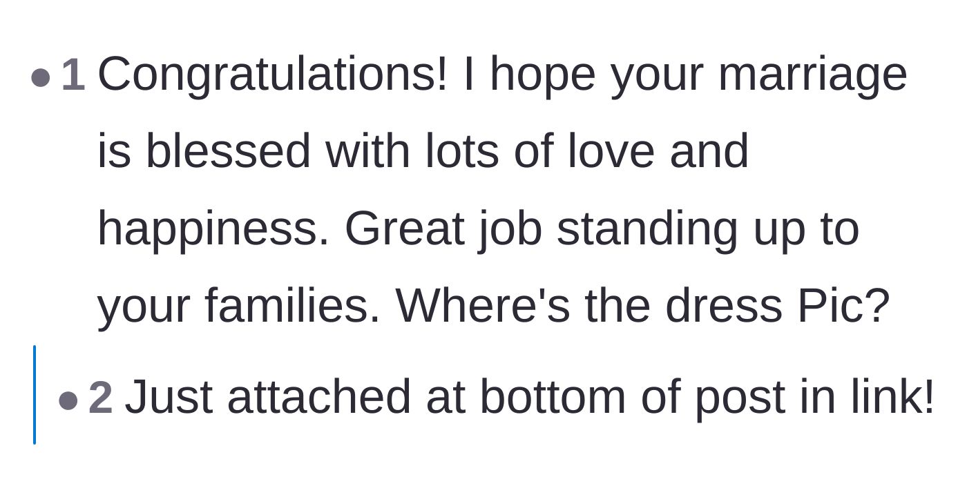 Comment thread 2 - Congratulating the bride for standing her ground and asking for dress photos.