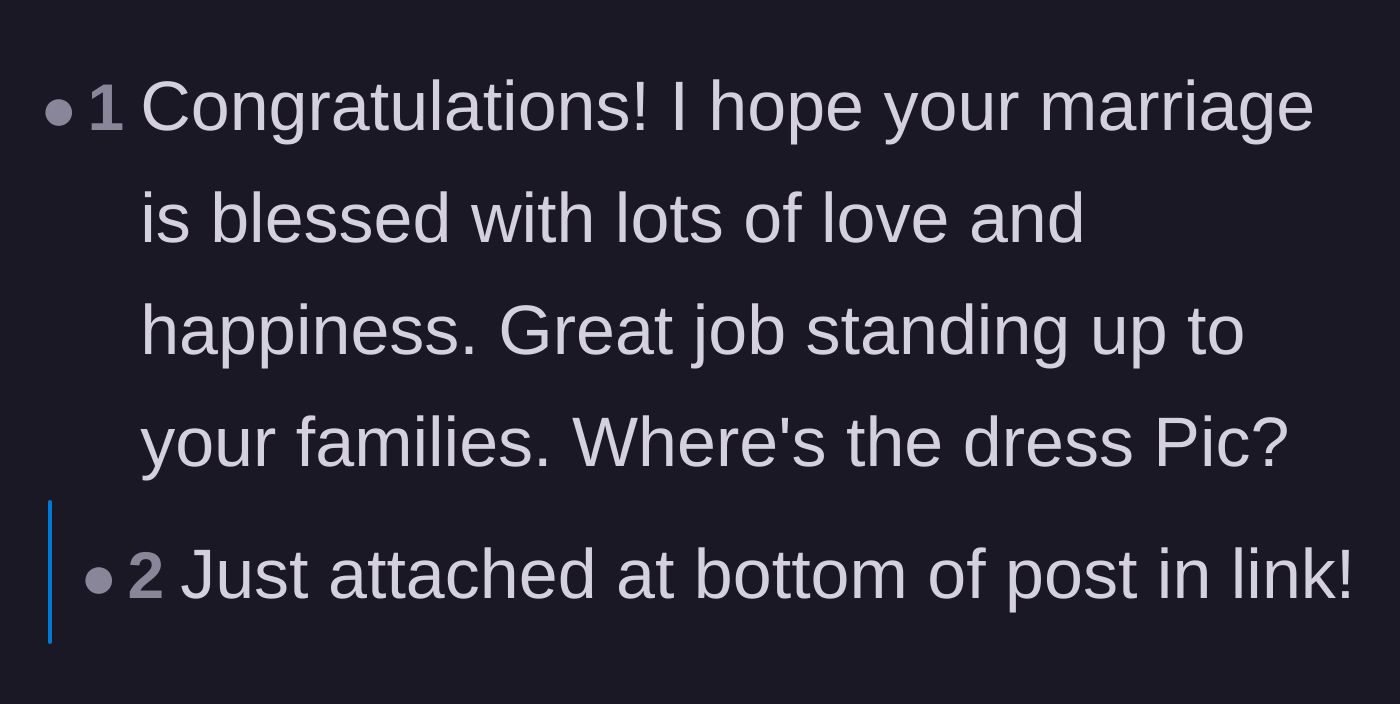 Comment thread 2 - Congratulating the bride for standing her ground and asking for dress photos.
