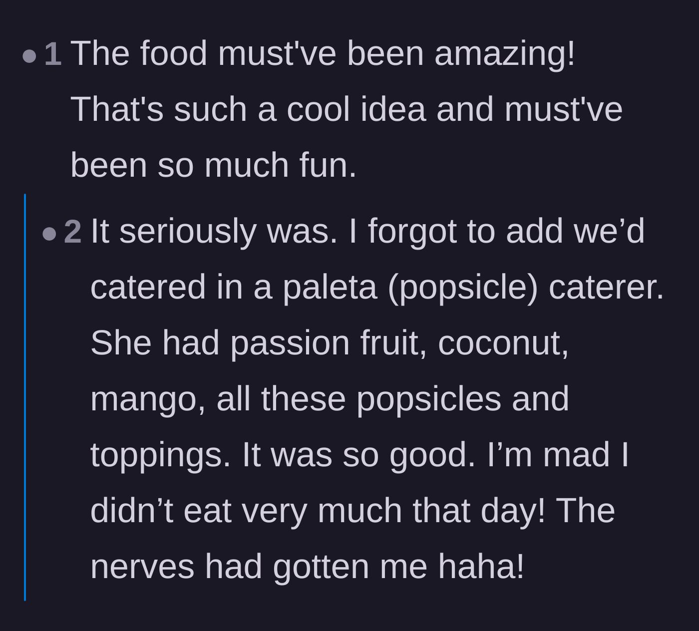 Comment thread 3 - Excitement over the wedding food trucks and passion fruit popsicles.