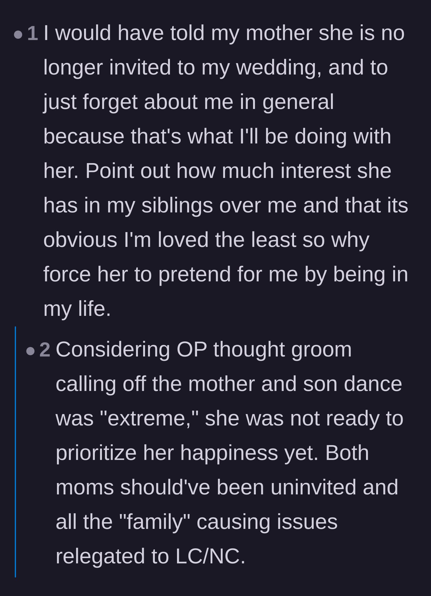 Comment thread 5 - Readers debating whether the bride should have gone completely no-contact and uninvited the mothers.