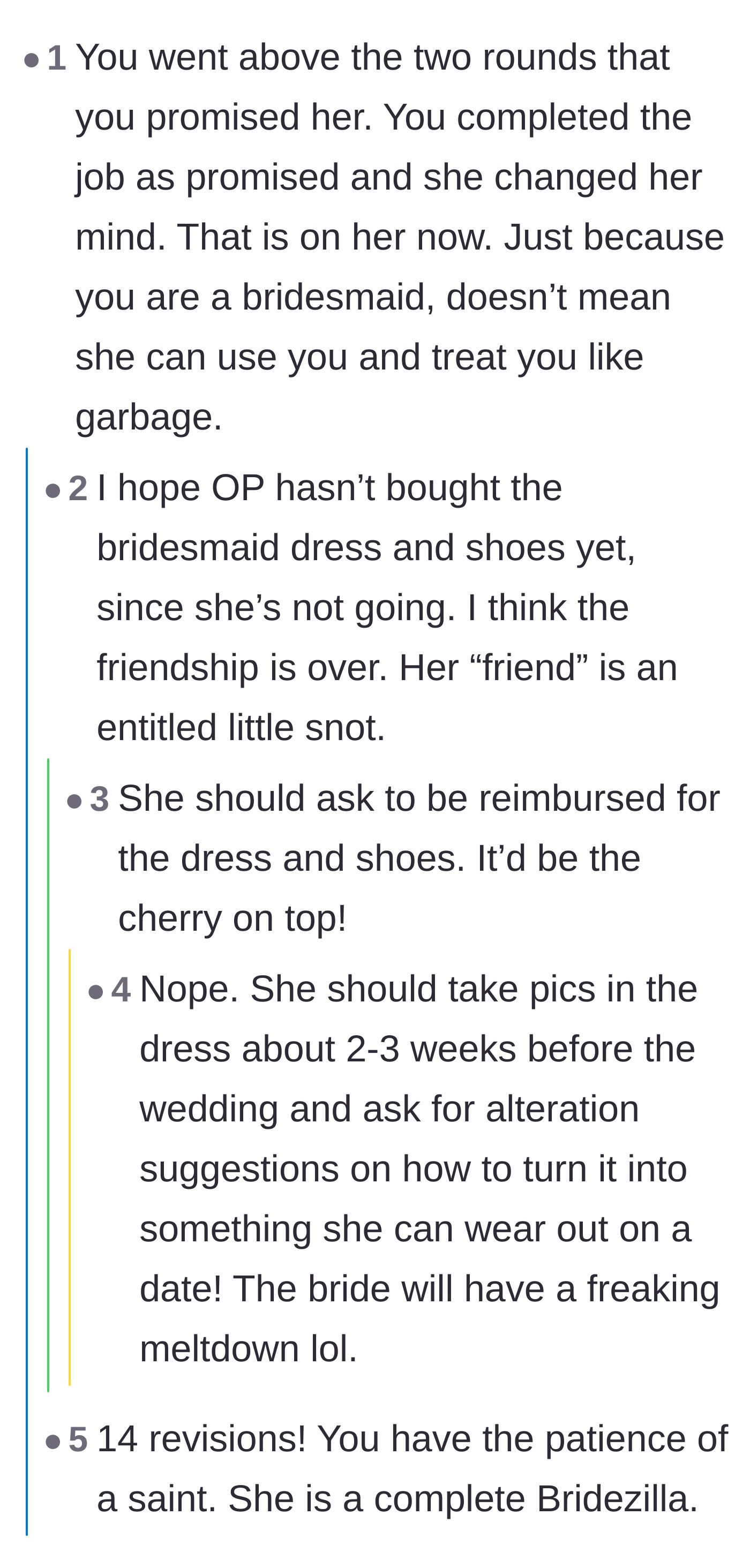 Comment thread 3 - Comments emphasizing the absurdity of fourteen free revisions and suggesting petty ways to repurpose the unused bridesmaid dress.