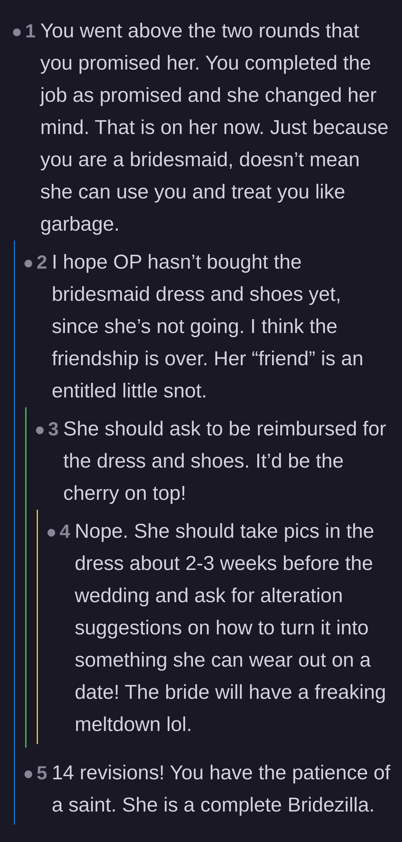 Comment thread 3 - Comments emphasizing the absurdity of fourteen free revisions and suggesting petty ways to repurpose the unused bridesmaid dress.