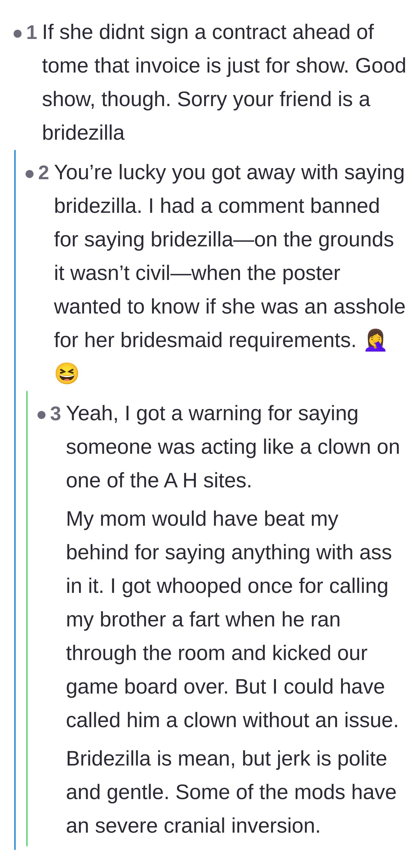 Comment thread 4 - A thread praising the dramatic invoice drop before laughing about how certain subreddits censor the word bridezilla.