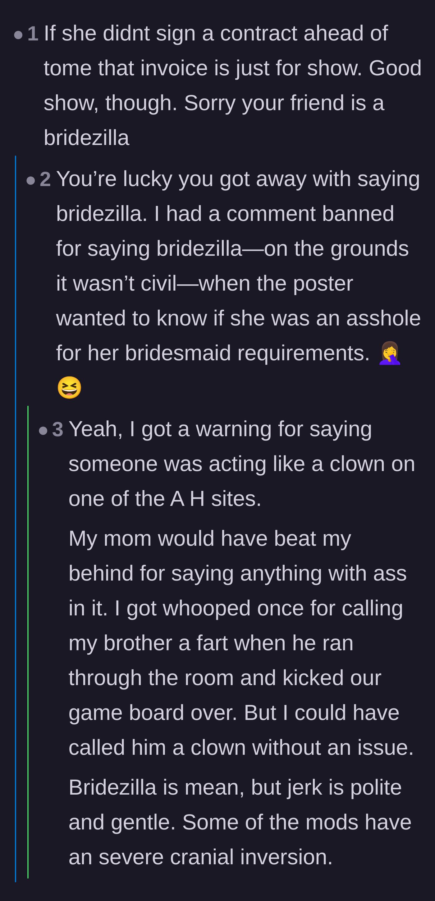 Comment thread 4 - A thread praising the dramatic invoice drop before laughing about how certain subreddits censor the word bridezilla.