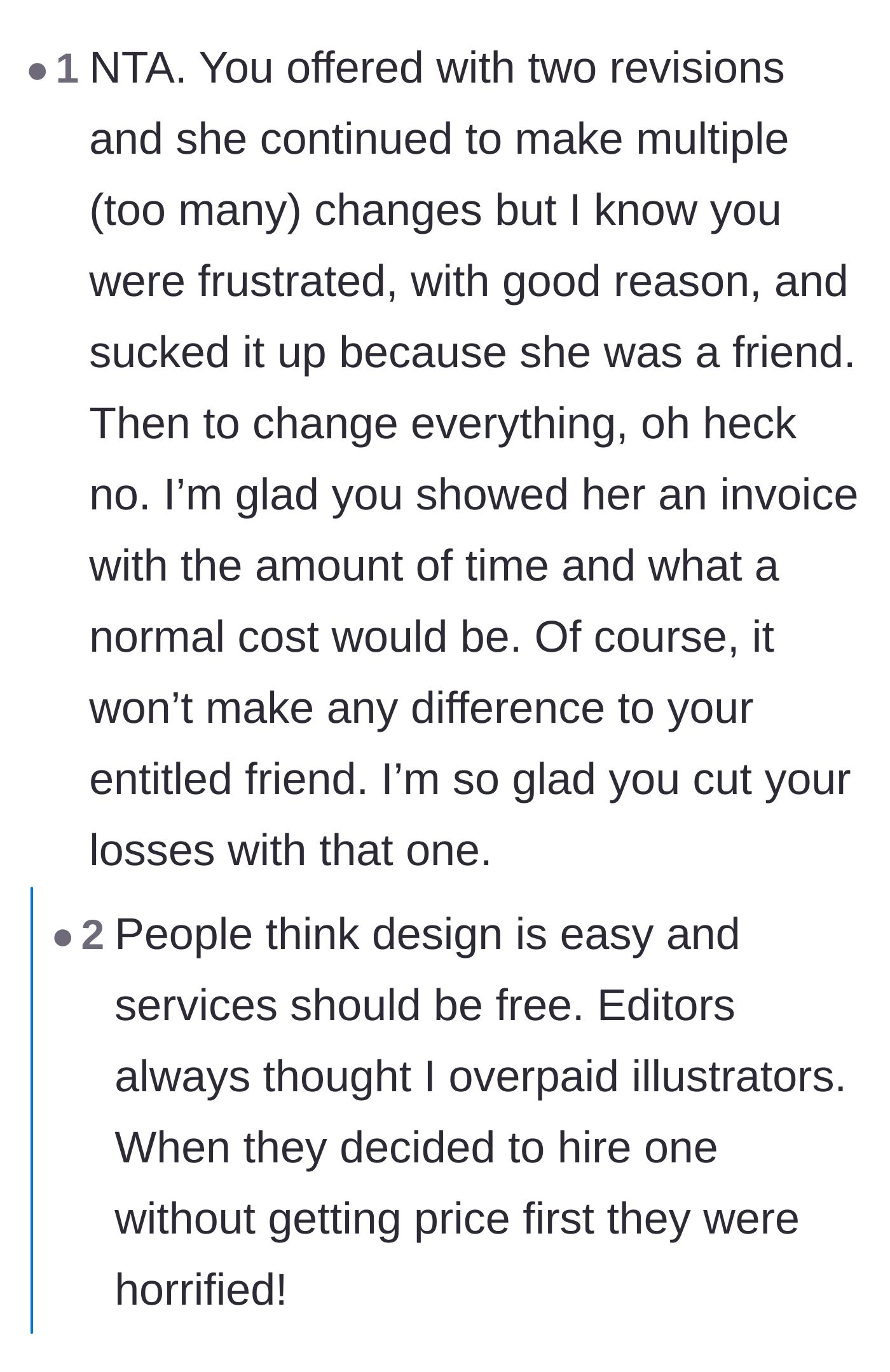 Comment thread 5 - Fellow professionals venting about how non-creatives constantly undervalue graphic design work and expect free labor.