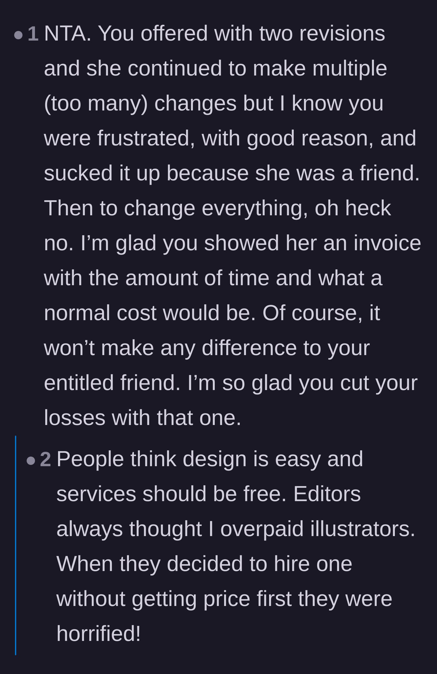 Comment thread 5 - Fellow professionals venting about how non-creatives constantly undervalue graphic design work and expect free labor.