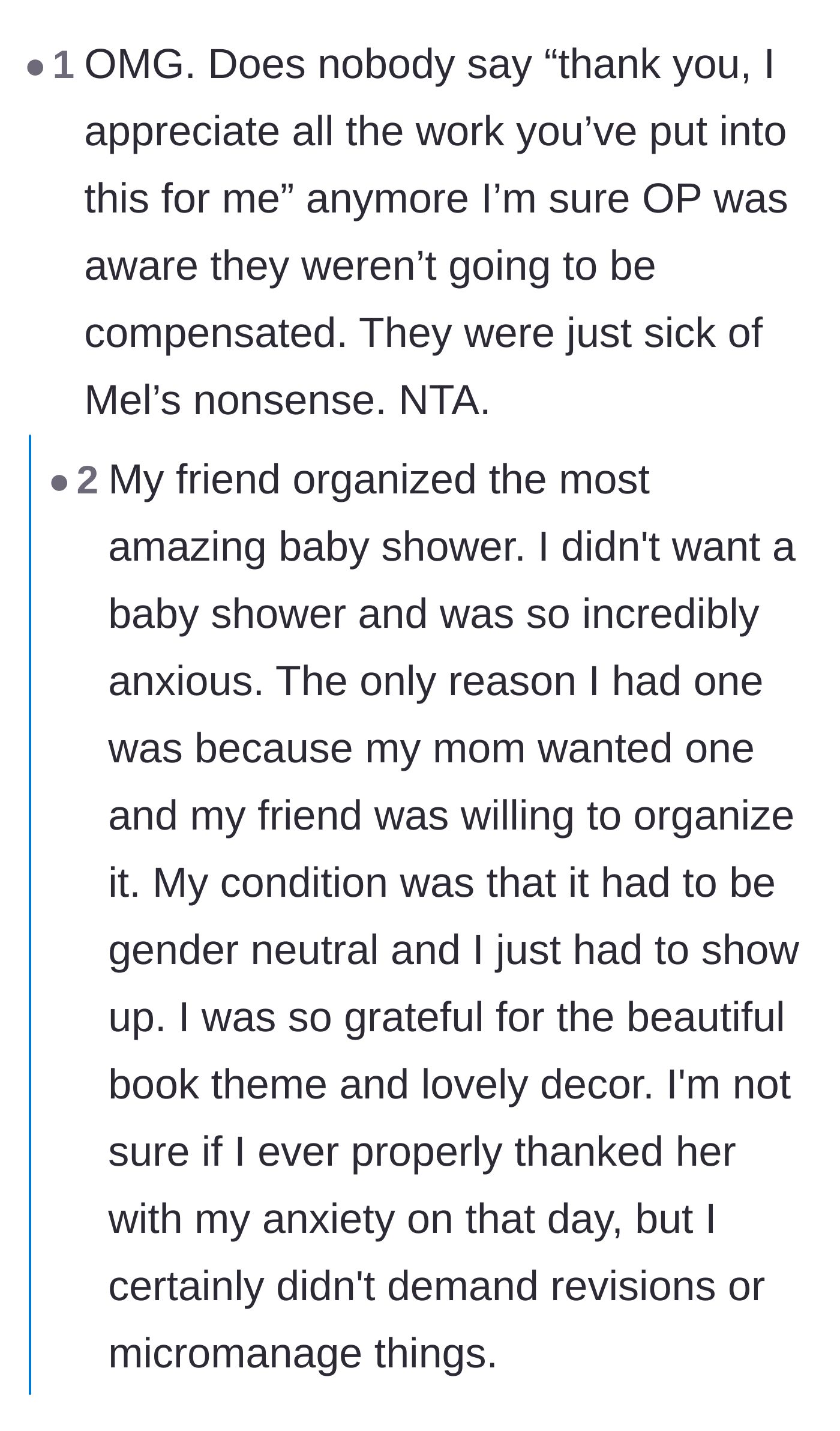 Comment thread 6 - A thread contrasting the bride's wild entitlement with wholesome stories of people who are actually grateful for their friends' help.
