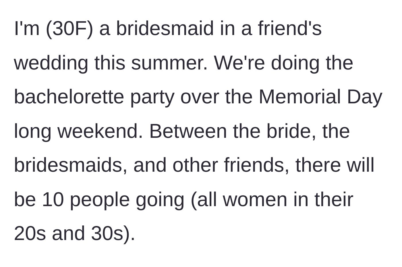 Story part 1 - Introduction to the bachelorette party details and the ten women attending over a holiday weekend.