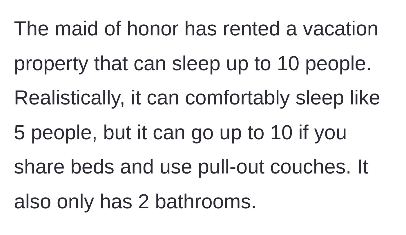 Story part 2 - Description of the cramped vacation rental that only has two bathrooms for ten people.