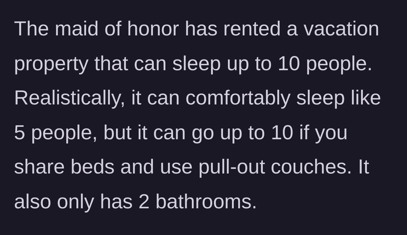 Story part 2 - Description of the cramped vacation rental that only has two bathrooms for ten people.