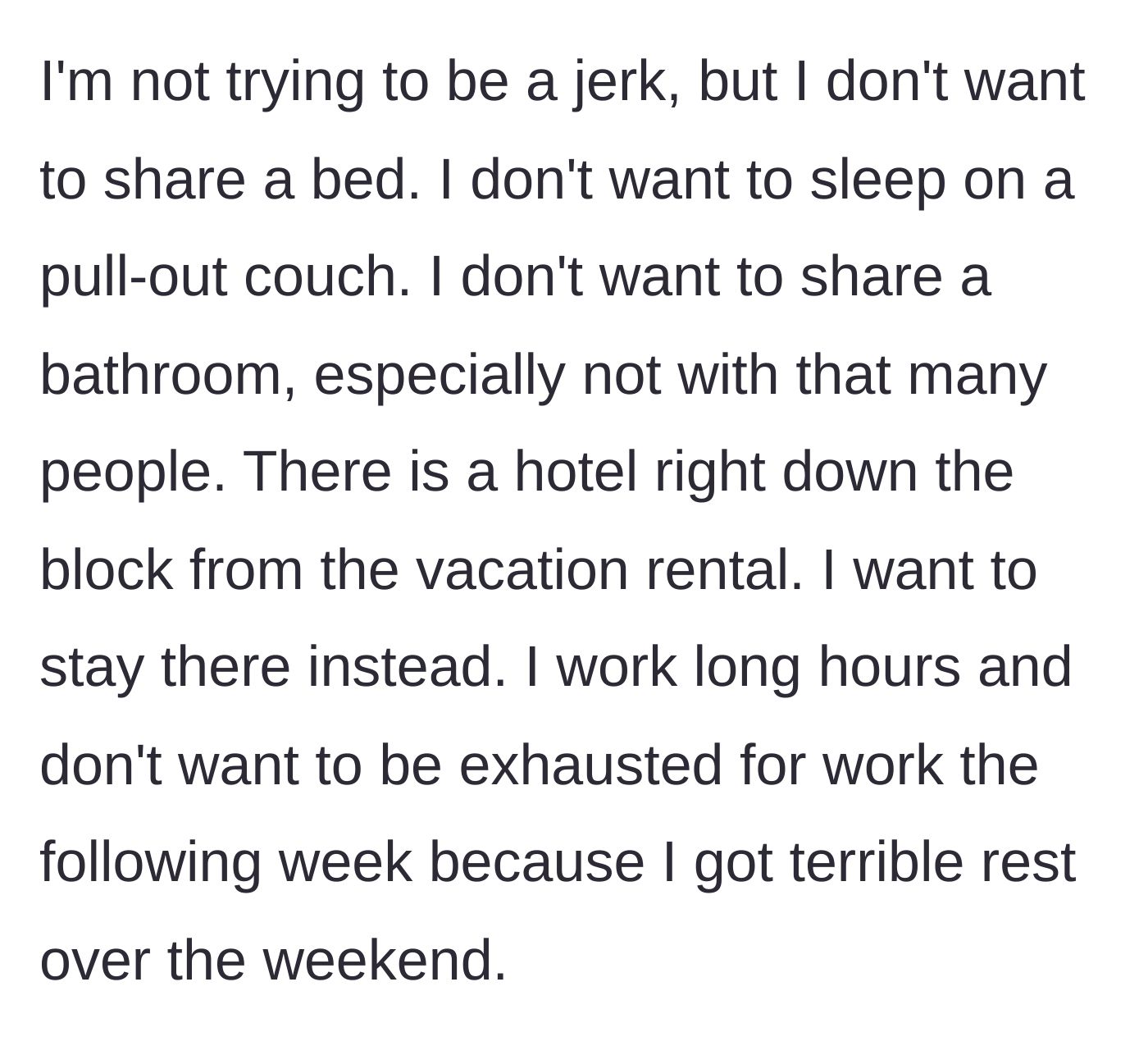 Story part 4 - The bridesmaid explains she wants to book a nearby hotel because she needs actual sleep.