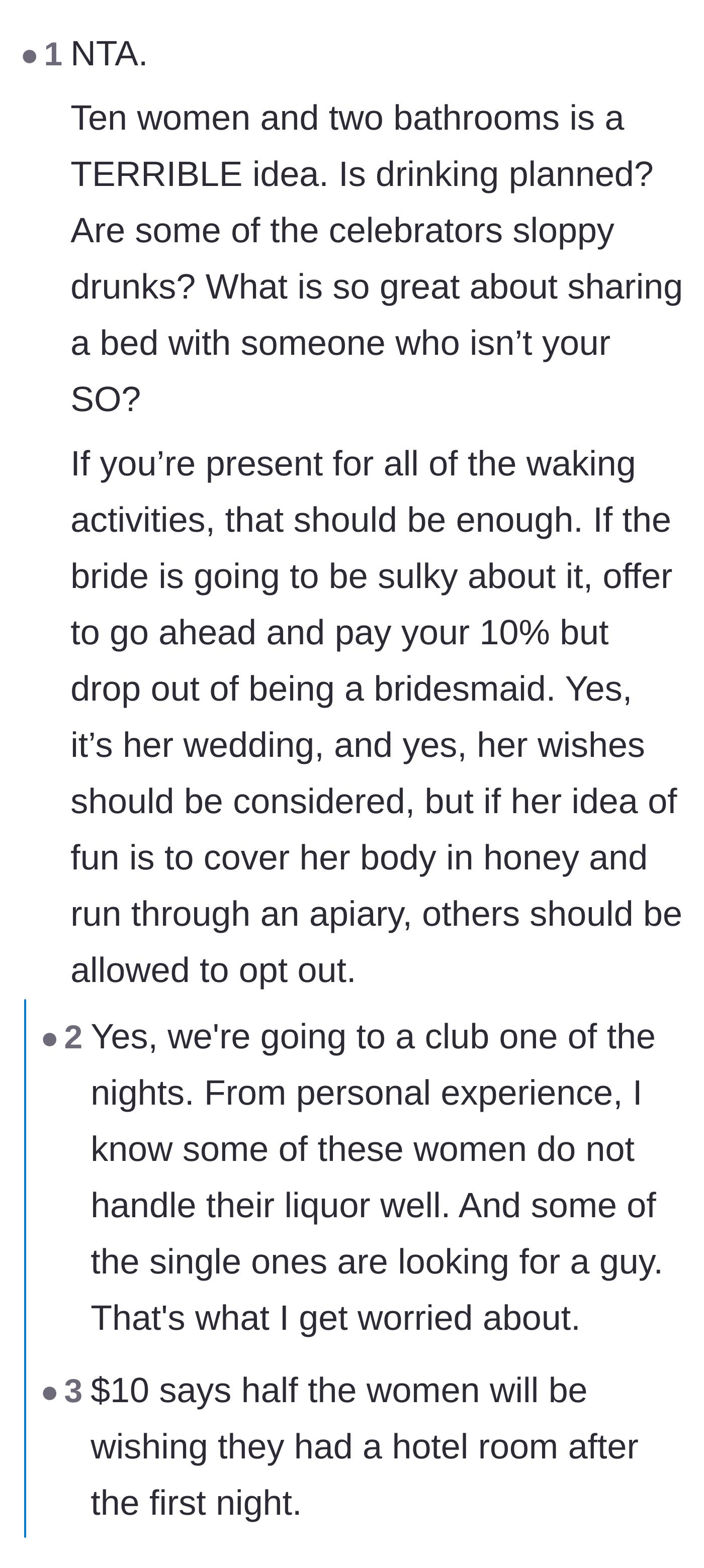 Comment thread 1 - Readers predicting the chaotic nightmare of drunk people, strangers from the club, and sharing two bathrooms.