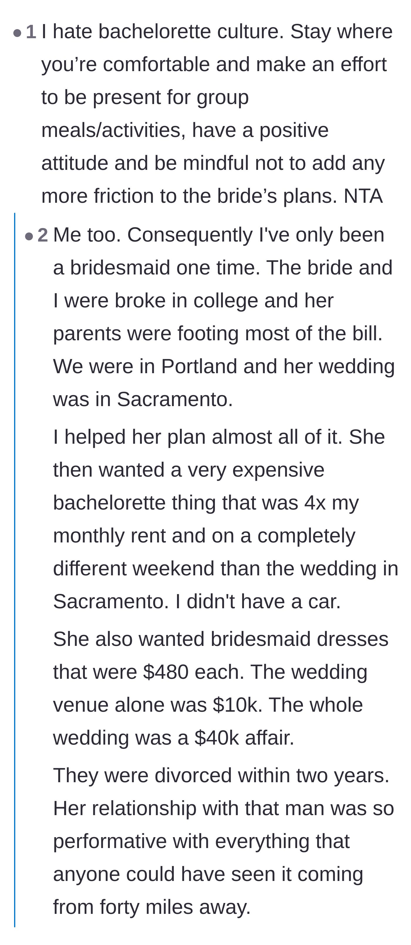Comment thread 3 - Readers venting about toxic bachelorette culture and the ridiculous financial demands placed on bridal parties.