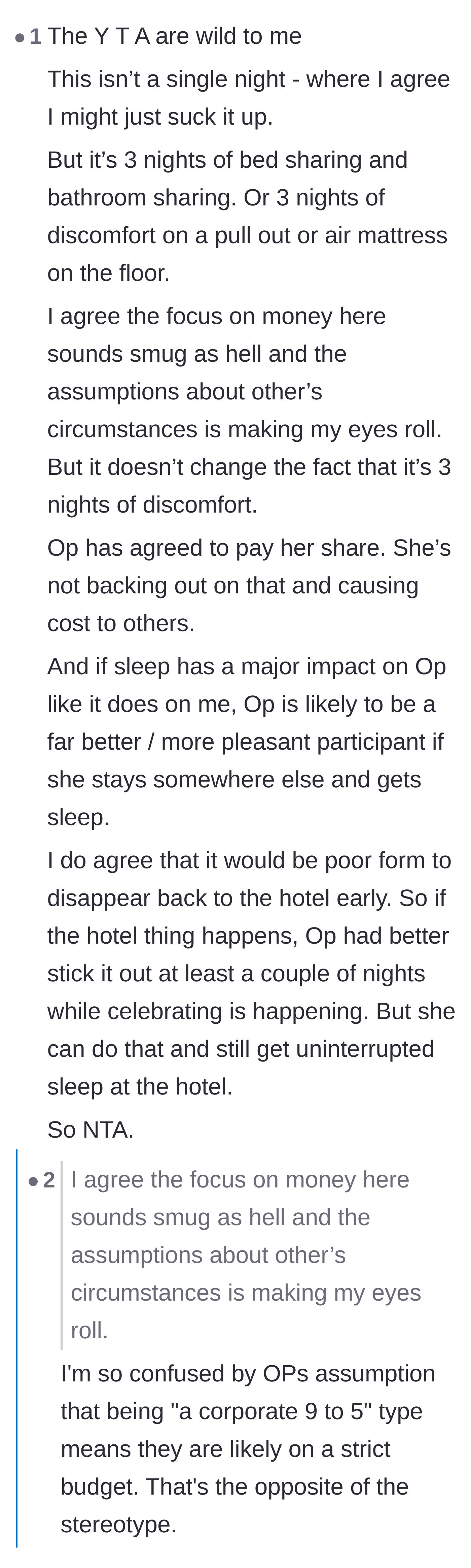Comment thread 4 - A discussion defending the bridesmaid's need for sleep over a three-day trip while dissecting her comments about corporate jobs.