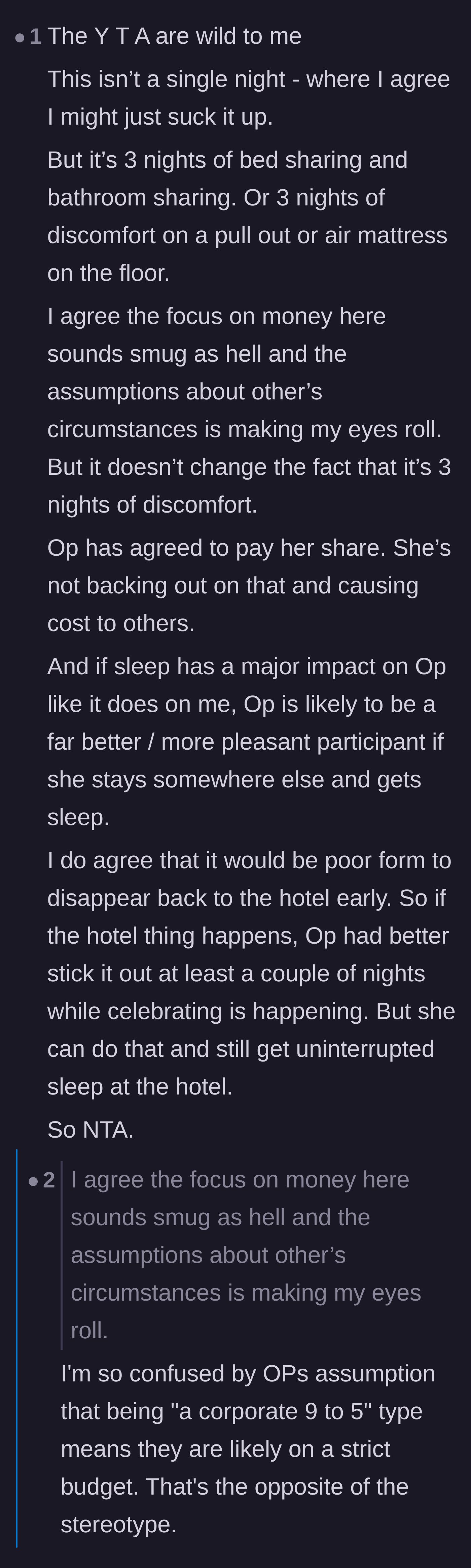 Comment thread 4 - A discussion defending the bridesmaid's need for sleep over a three-day trip while dissecting her comments about corporate jobs.