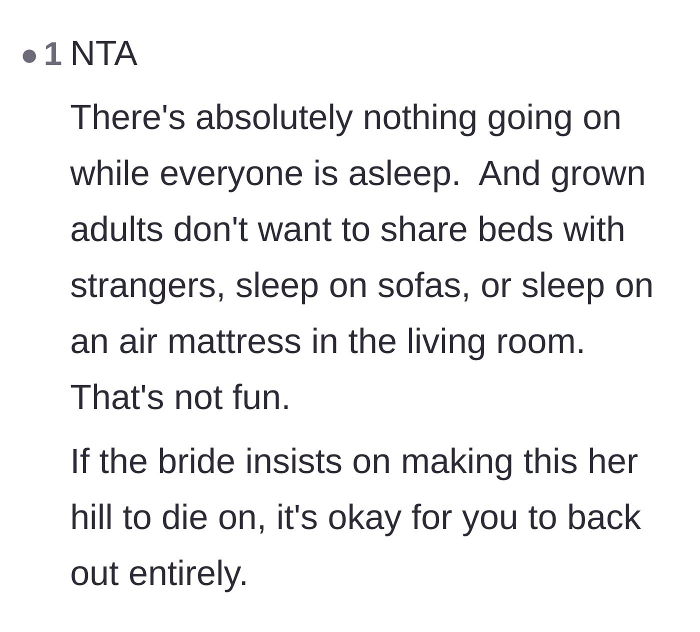 Comment thread 5 - Pointing out that no bonding happens while people are unconscious and suggesting the bridesmaid step down if needed.